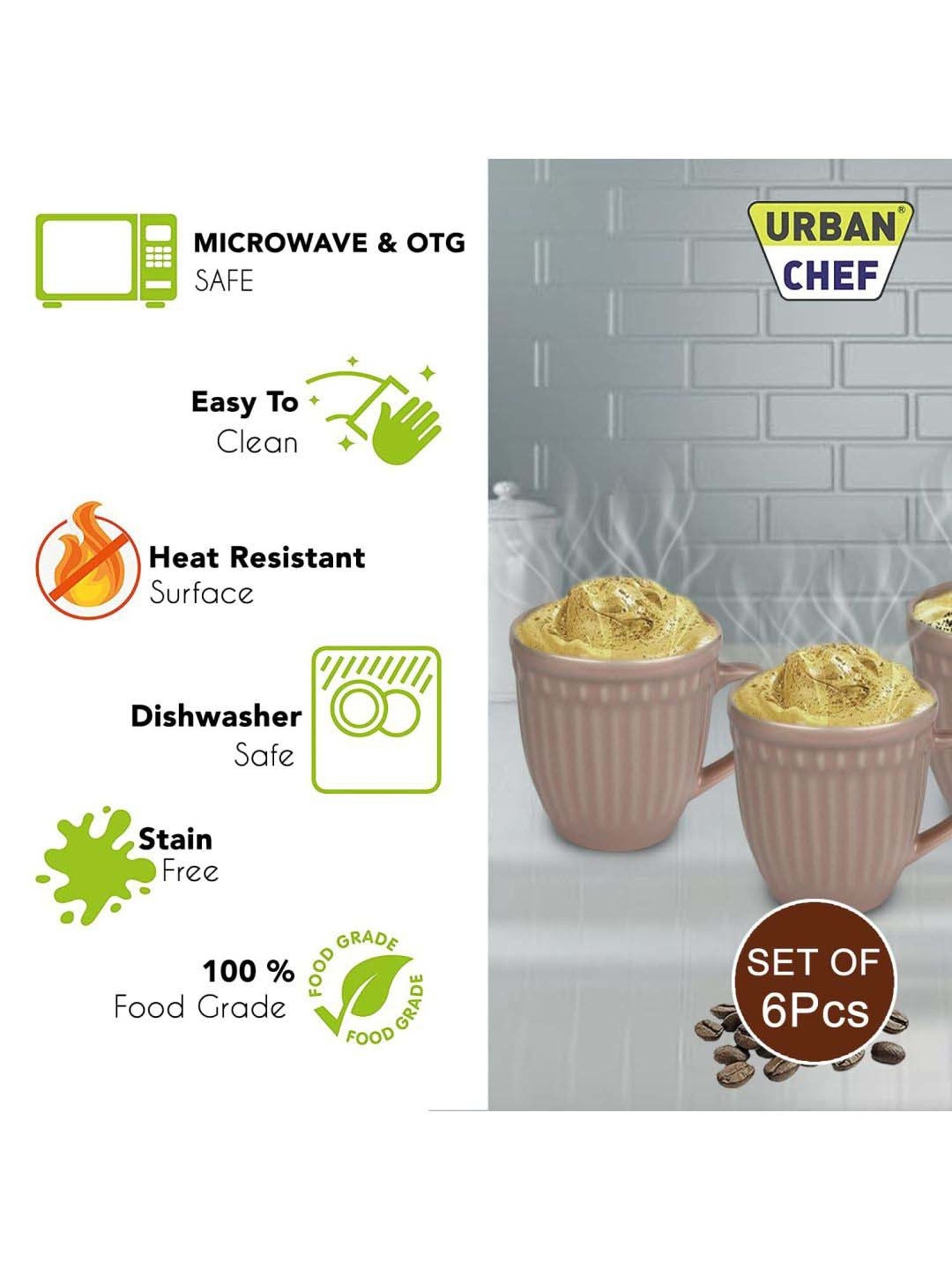 Urban Chef Pink Ceramic Handcrafted Microwave Safe Tea Cup - Set of 6