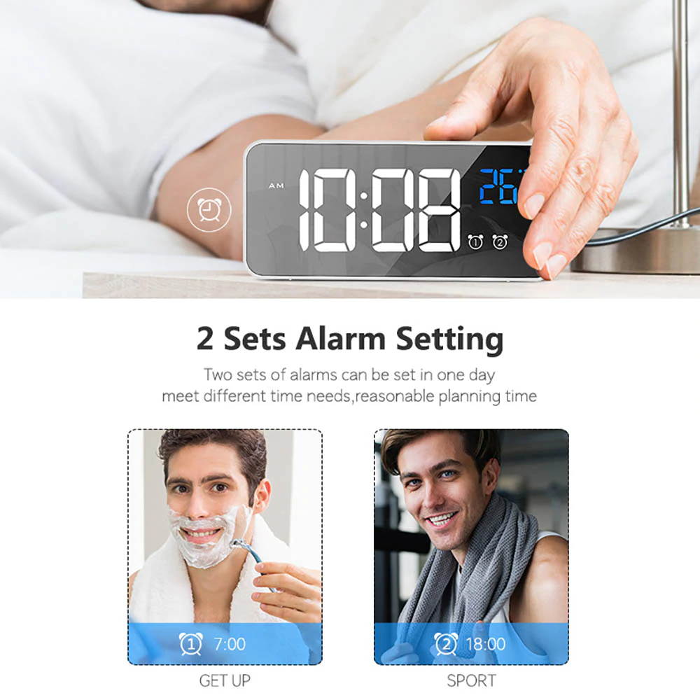 Mini Slim LED Mirror Display Voice Control Bedside Clock,4 Levels Adjustable Brightness Dimmer