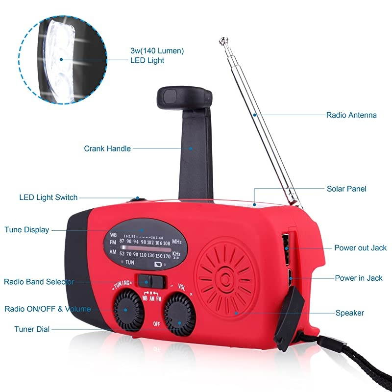 Hand Crank Emergency Weather Radio NOAA AM FM Portable Radio with 3 LED Flashlight 1000mAh Power Bank Cellphone Charger