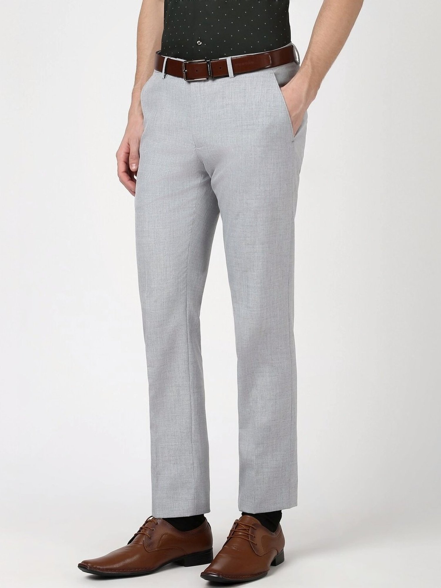 Peter England Grey Slim Fit Texture Trousers