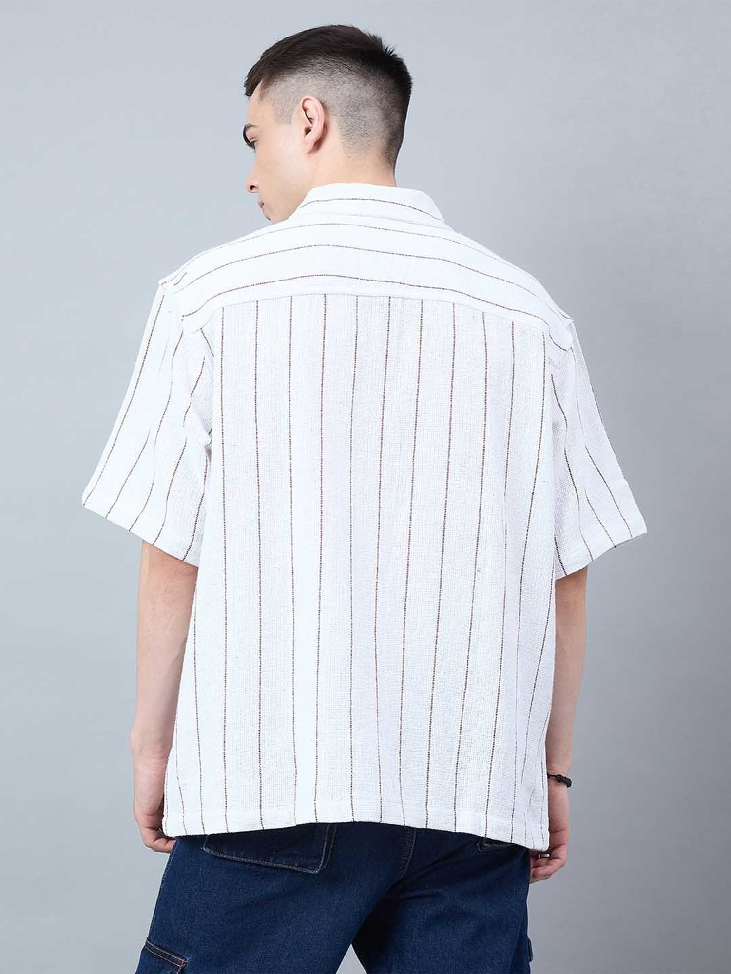CHIMPAAANZEE White & Brown Loose Fit Striped Oversized Shirt