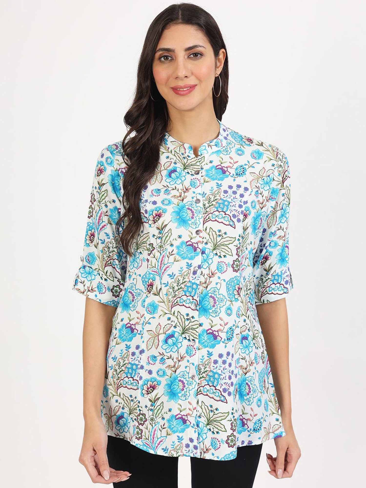 Divena White & Blue Floral Print Tunic