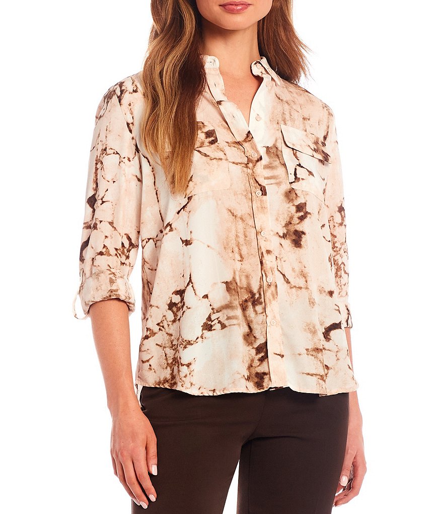 Investments Petite Olivia Long Sleeve Roll-Tab Button-Front Marble Print Utility Blouse