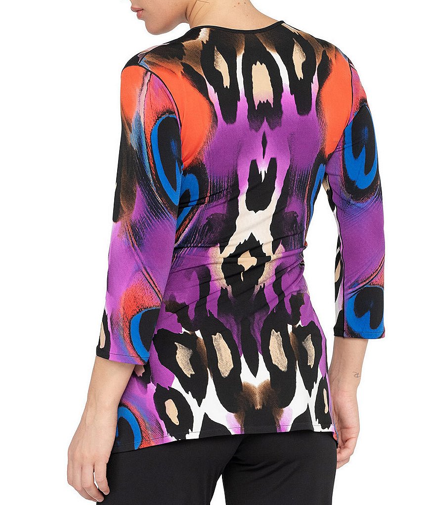 Eva Varro Animal Print Knit Jersey Faux-Wrap V-Neck 3/4 Sleeve Blouse