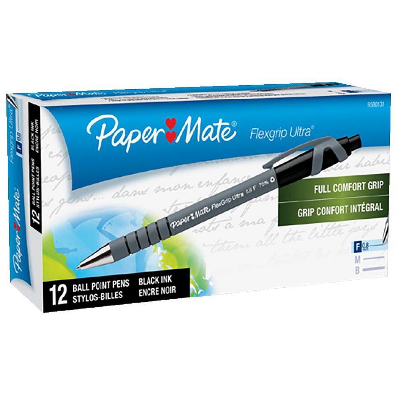 Paper Mate FlexGrip Ultra Retractable Ballpoint Pen, Black, pk of 12