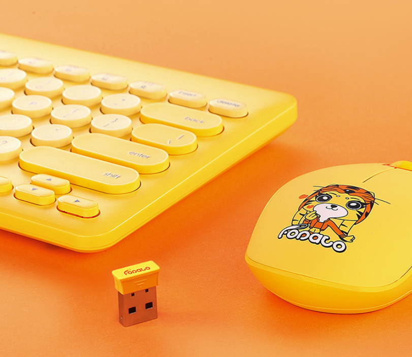CORN LK586  Ergonomic Design Cartoon Pattern, Cool Exterior 2.4Ghz Wireless  Keyboard, Silent Clicking Mouse, Mouse Pad and Palm Rest Combo, Round and Retro Chiclet Keycaps - Yellow