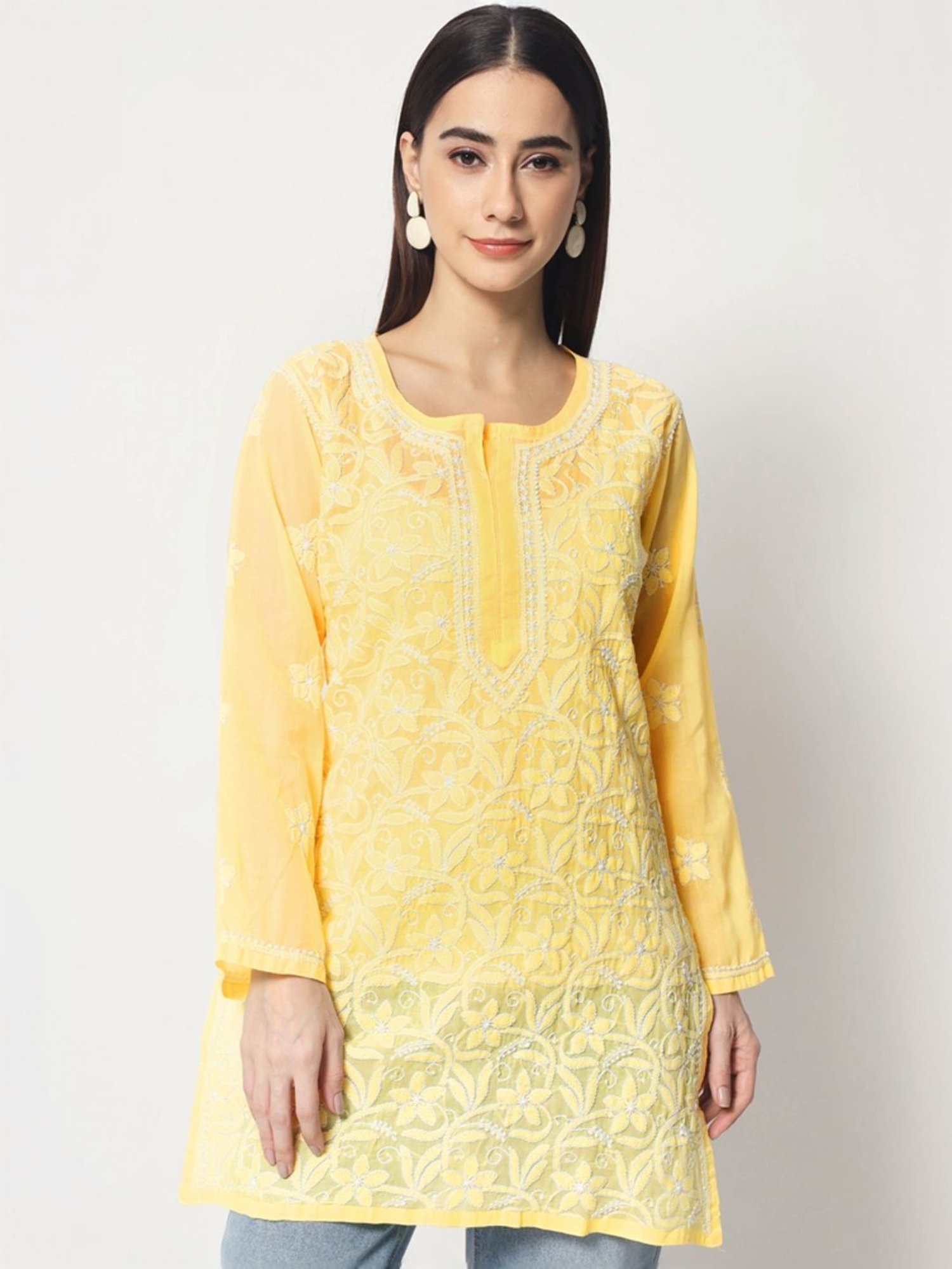 PARAMOUNT CHIKAN Pale Yellow Cotton Hand Embroidered Chikankari Straight Kurti
