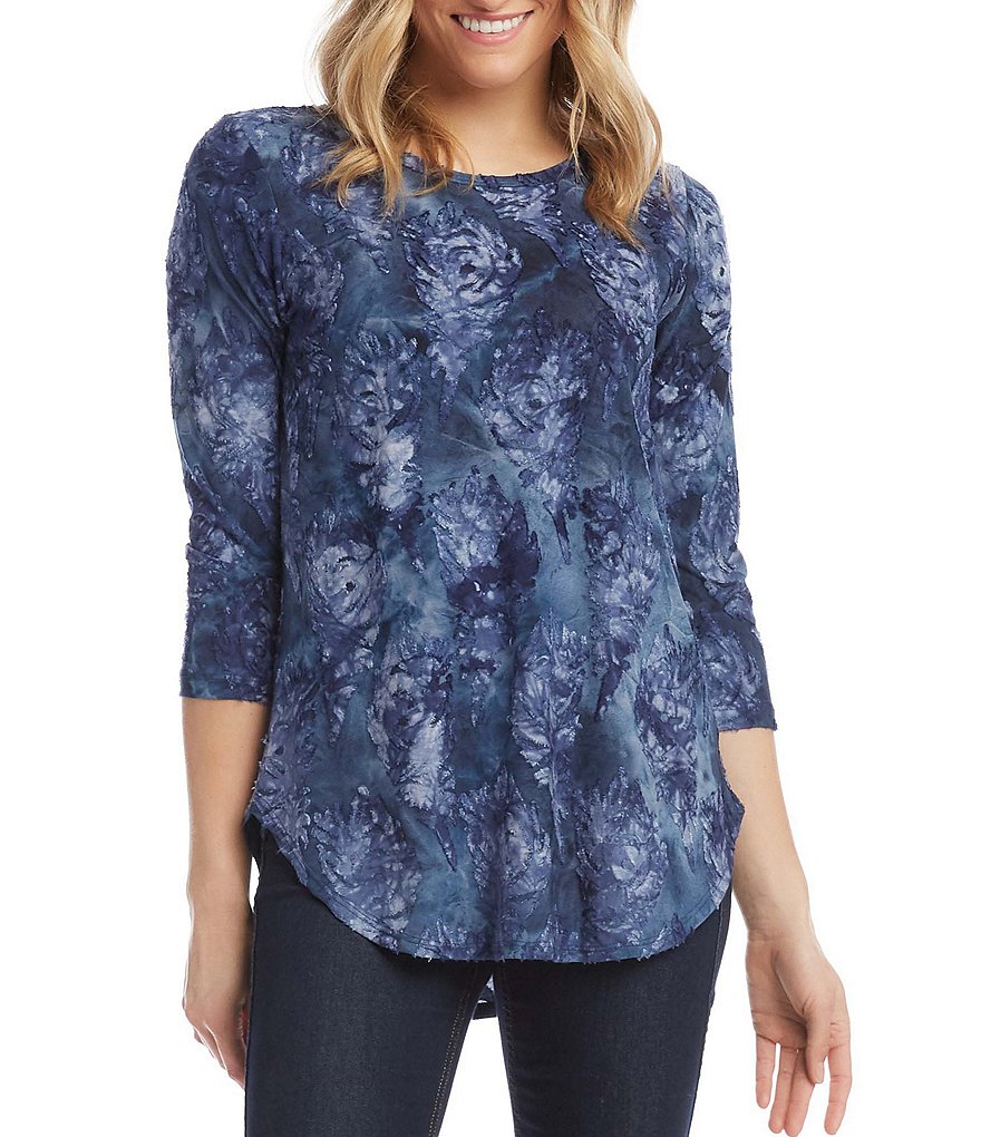 Karen Kane Petite Size Tie-Dye Jacquard Burnout 3/4 Sleeve Shirttail Tee