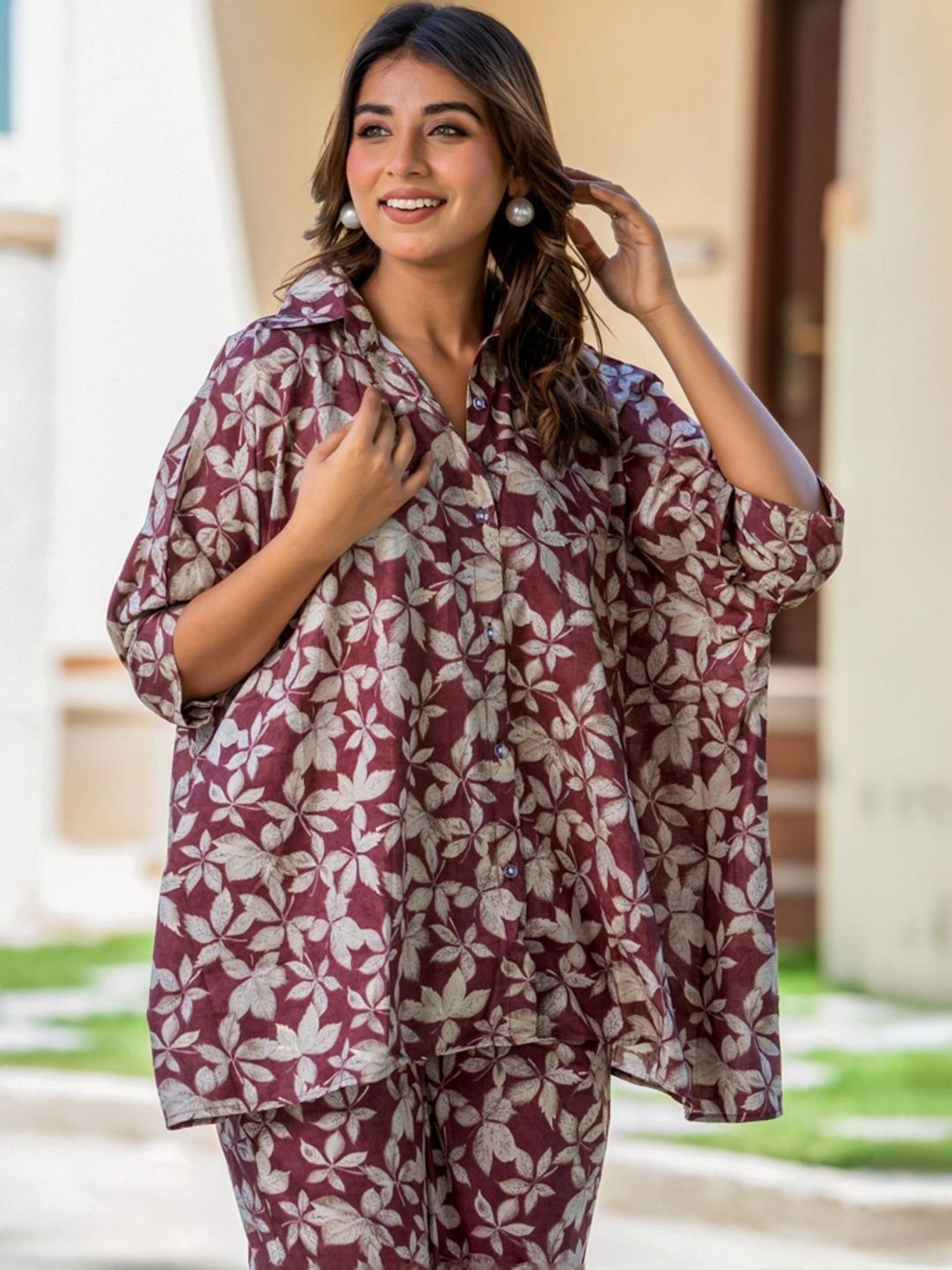 HOUSE OF JAMOTI Maroon Cotton Printed Tunic Pant Set