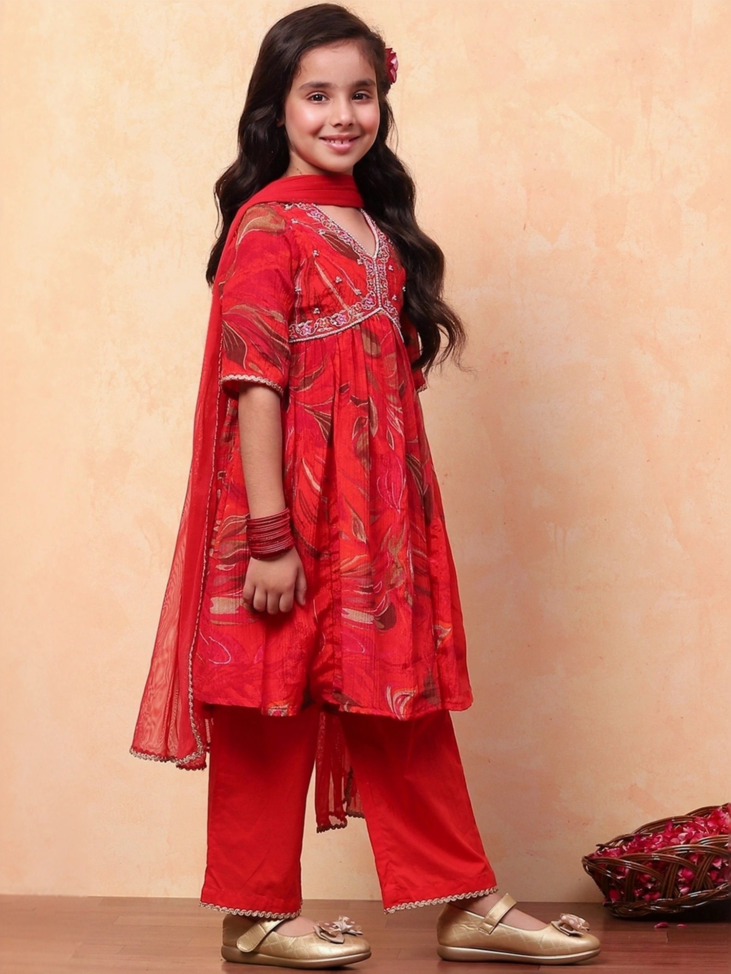 Biba Girls Red Printed Kurta set