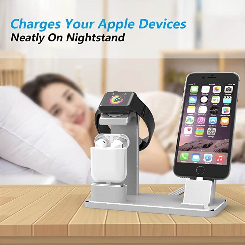 Phone Charging Dock Aluminum 4 in 1 AirPods Charging Stand Accessories Station Holder for Apple Watch 4 3 2 1 AirPods Phone Xs X Max XR 7 7plus 6s 6plus iPad Mini Silver