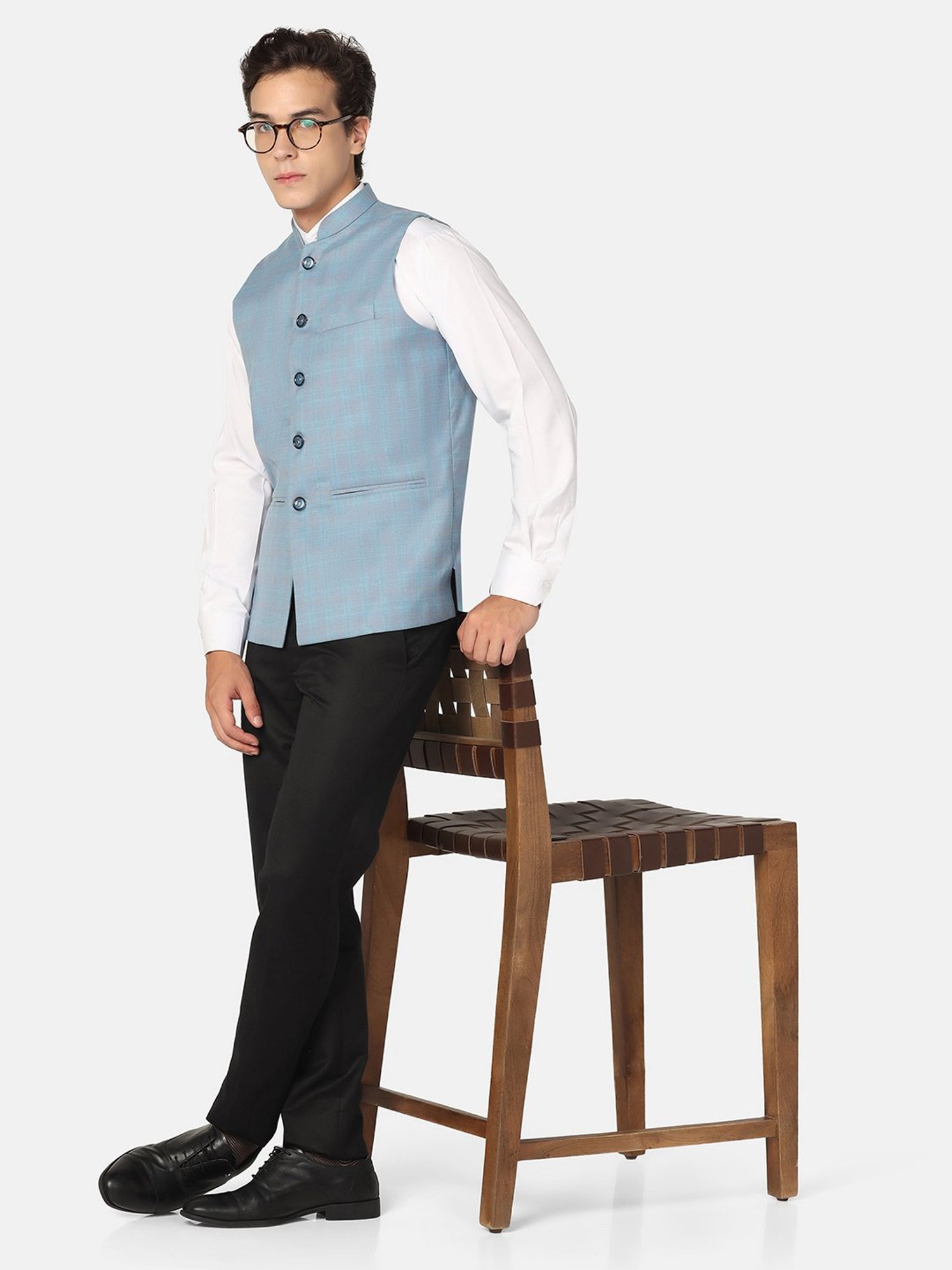 TAHVO Light Blue Slim Fit Check Nehru Jacket
