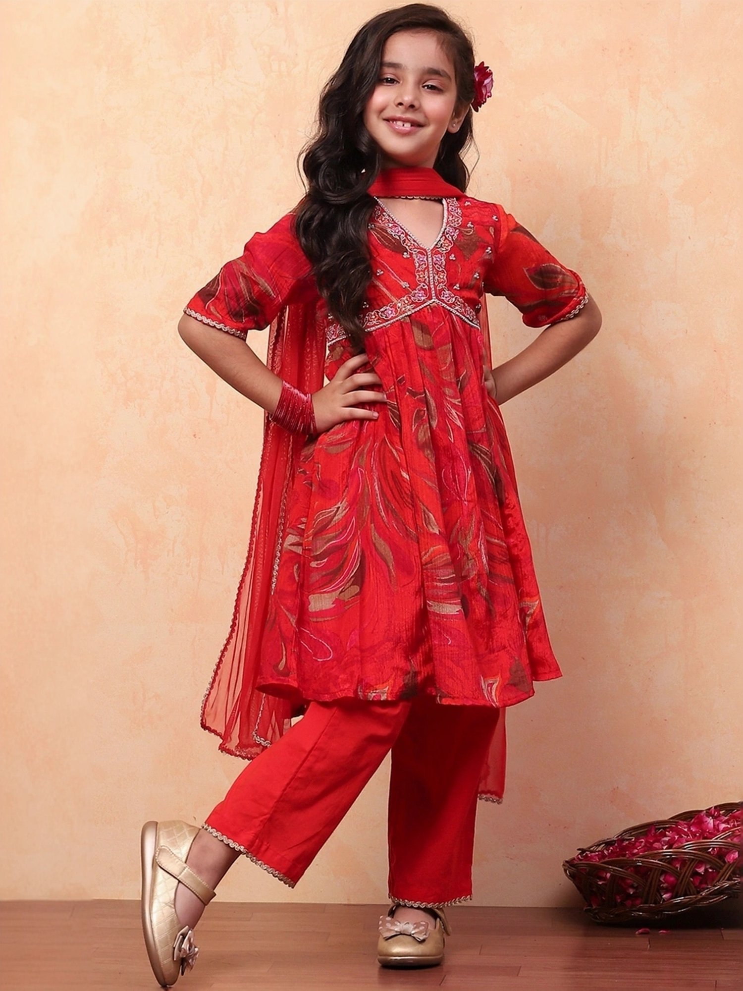 Biba Girls Red Printed Kurta set