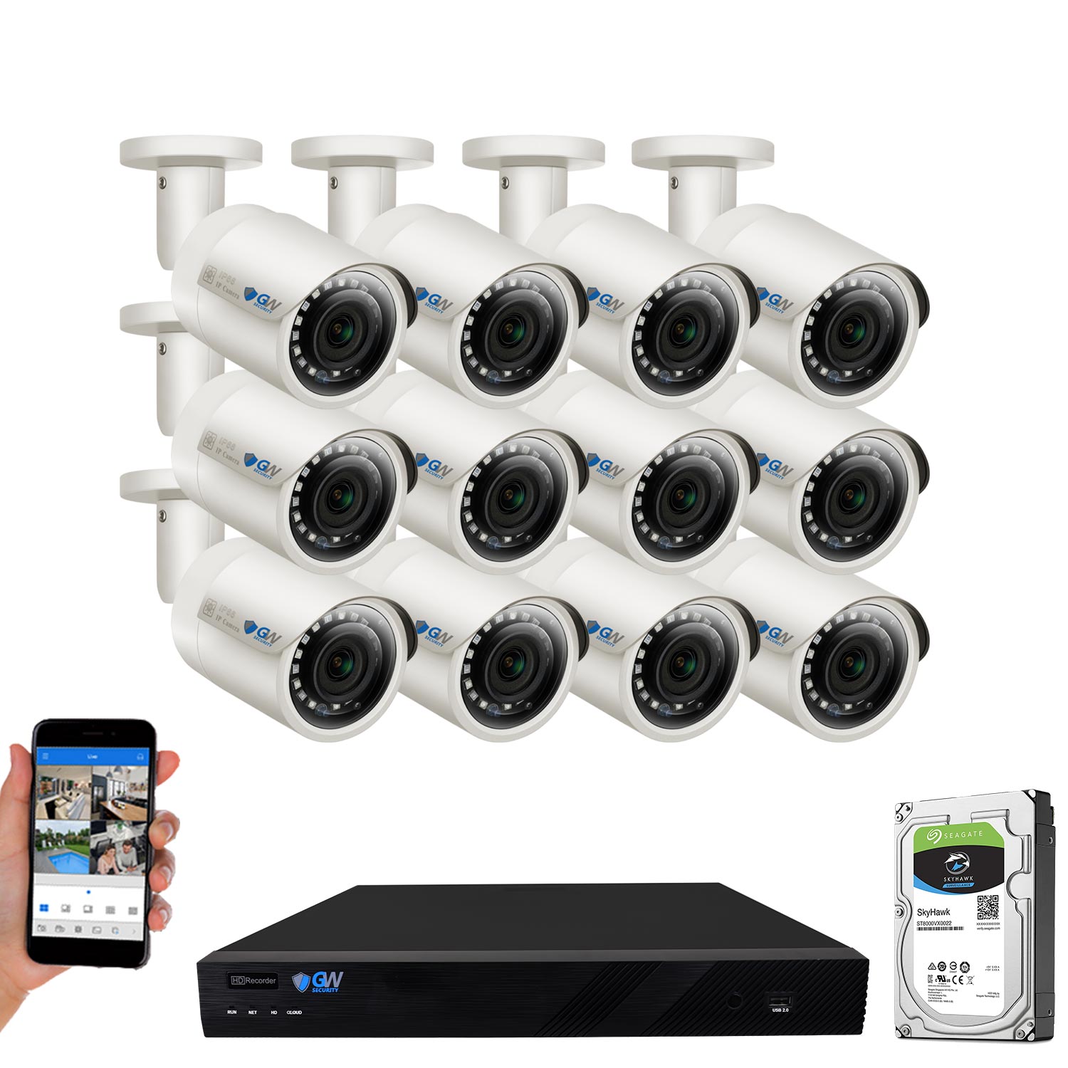 GW 16CH 4K H.265 NVR 5MP IP Security Camera System with (16) x IP PoE 1920P 5 Megapixels Outdoor/Indoor Wide Angle Microphone Bullet Cameras 100 Feet Night vision Motion Detection (4TB HDD)