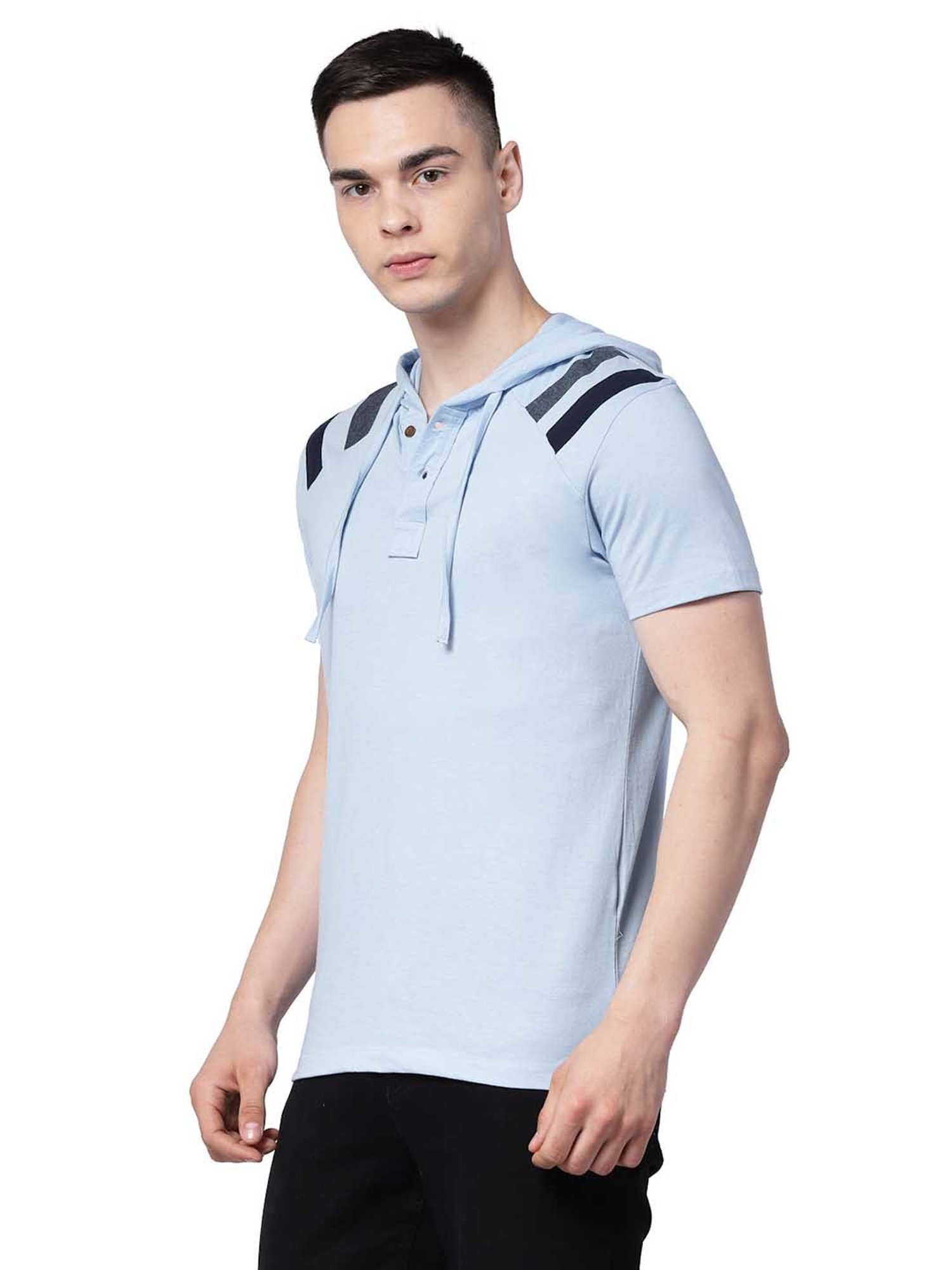 Kalt Sky Blue Regular Fit Striped Hooded T-Shirt