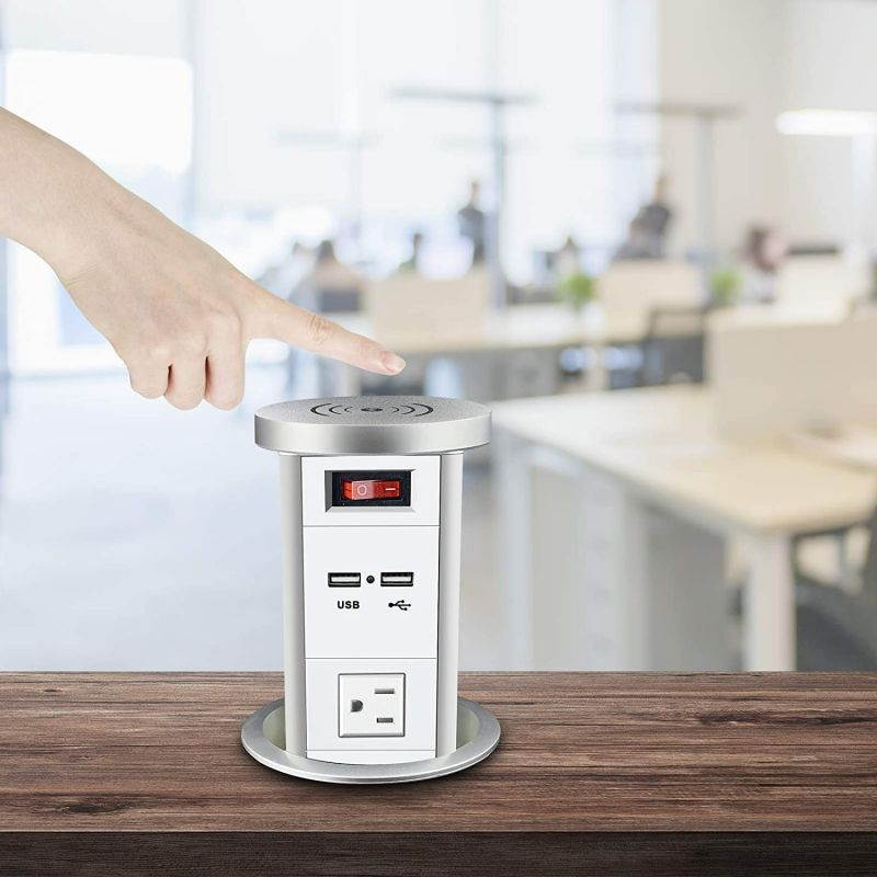 Automatic Pop Up Socket Pop Up Power Outlet with Wireless Charger Pulling Pop Up Outlet with 3AC Plugs & 2 USB Ports Recessed Pop-Up Power Socket for Kitchen Counter Office Conference(White)