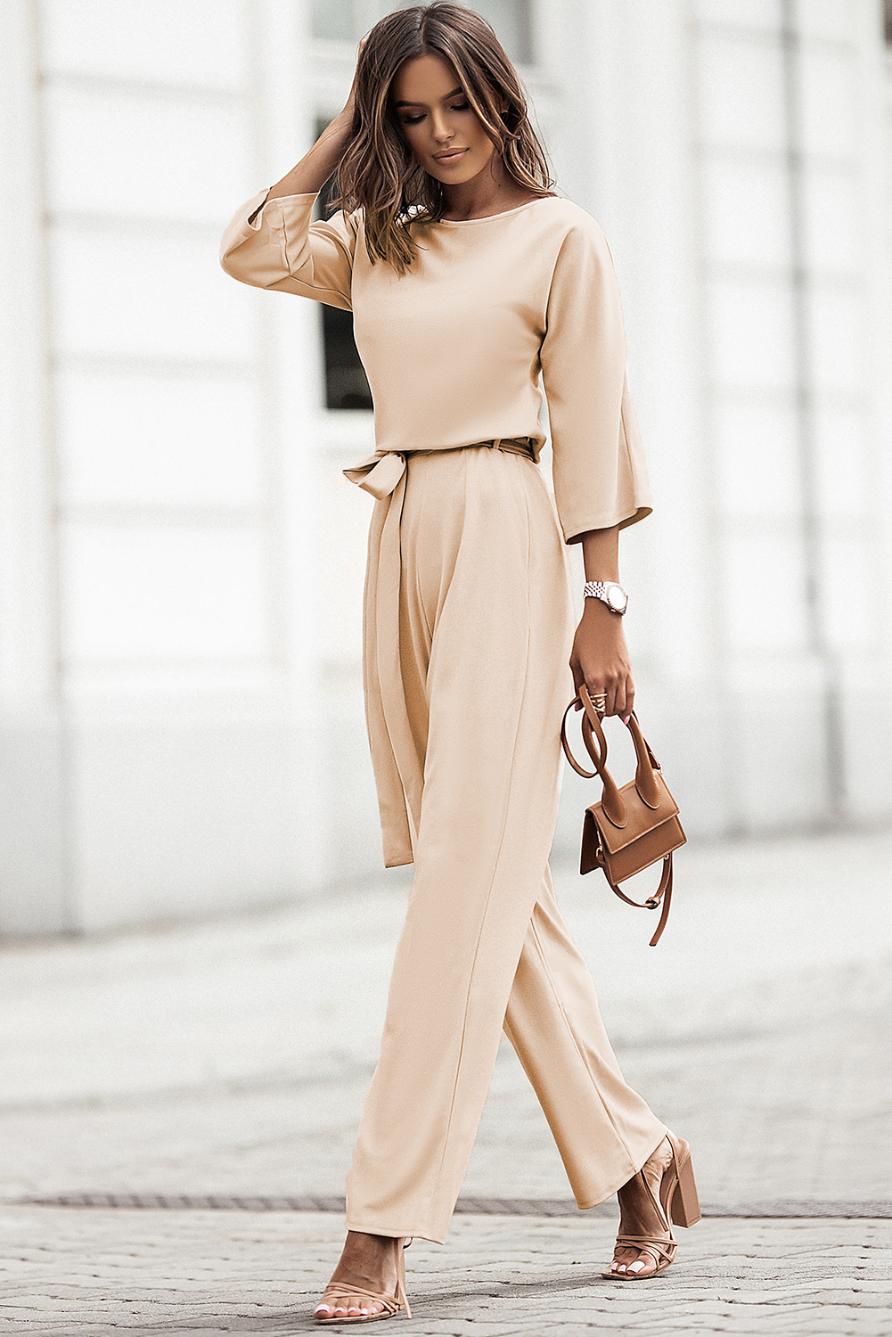 Rose Tan Solid Self Tied Straps Pleated Wide Leg Jumpsuit