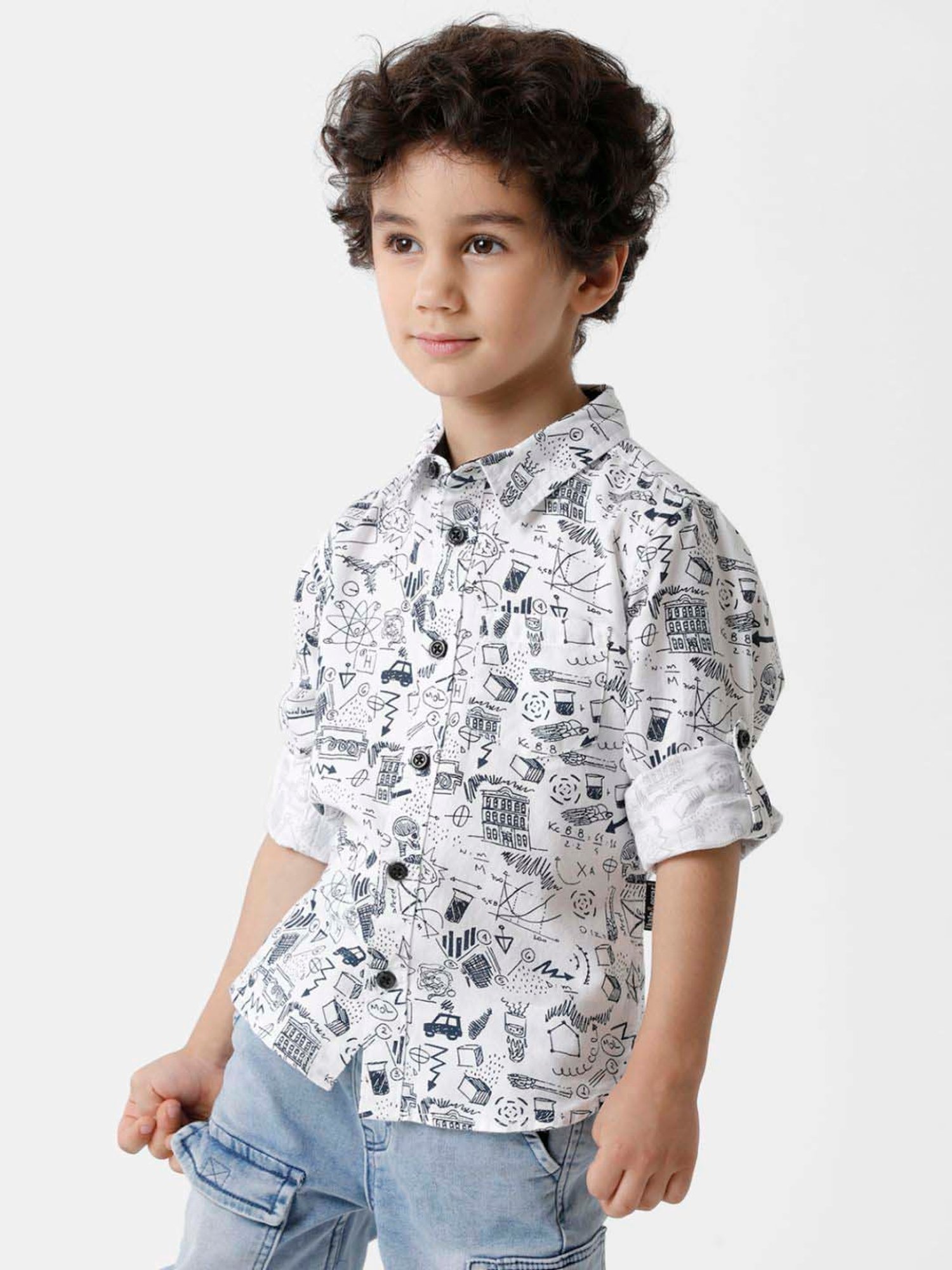 Kate & Oscar Kids White & Black Cotton Printed Full Sleeves Shirt