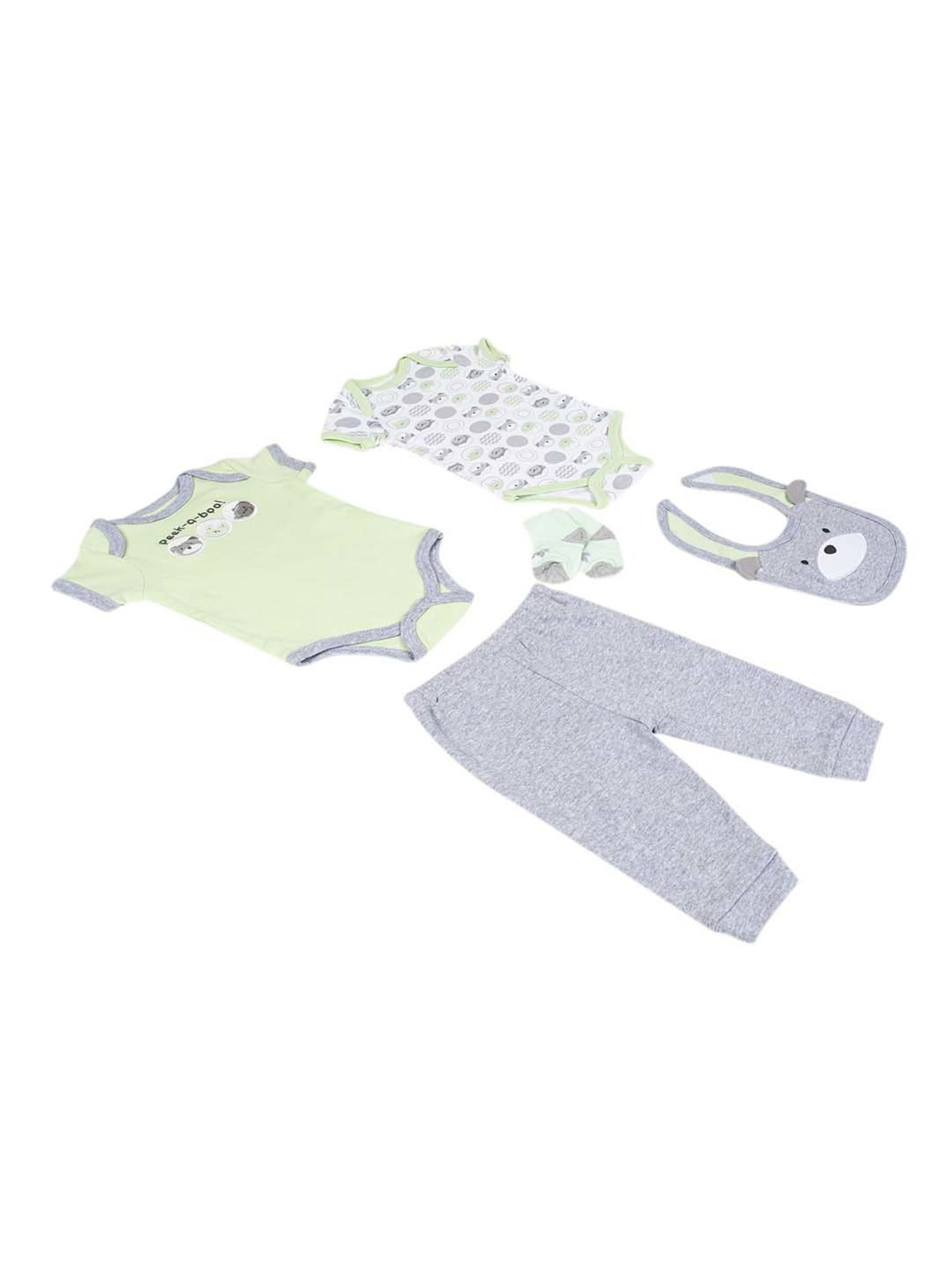 Baby Moo Kids Green & Grey Cotton Printed Bodysuit Set