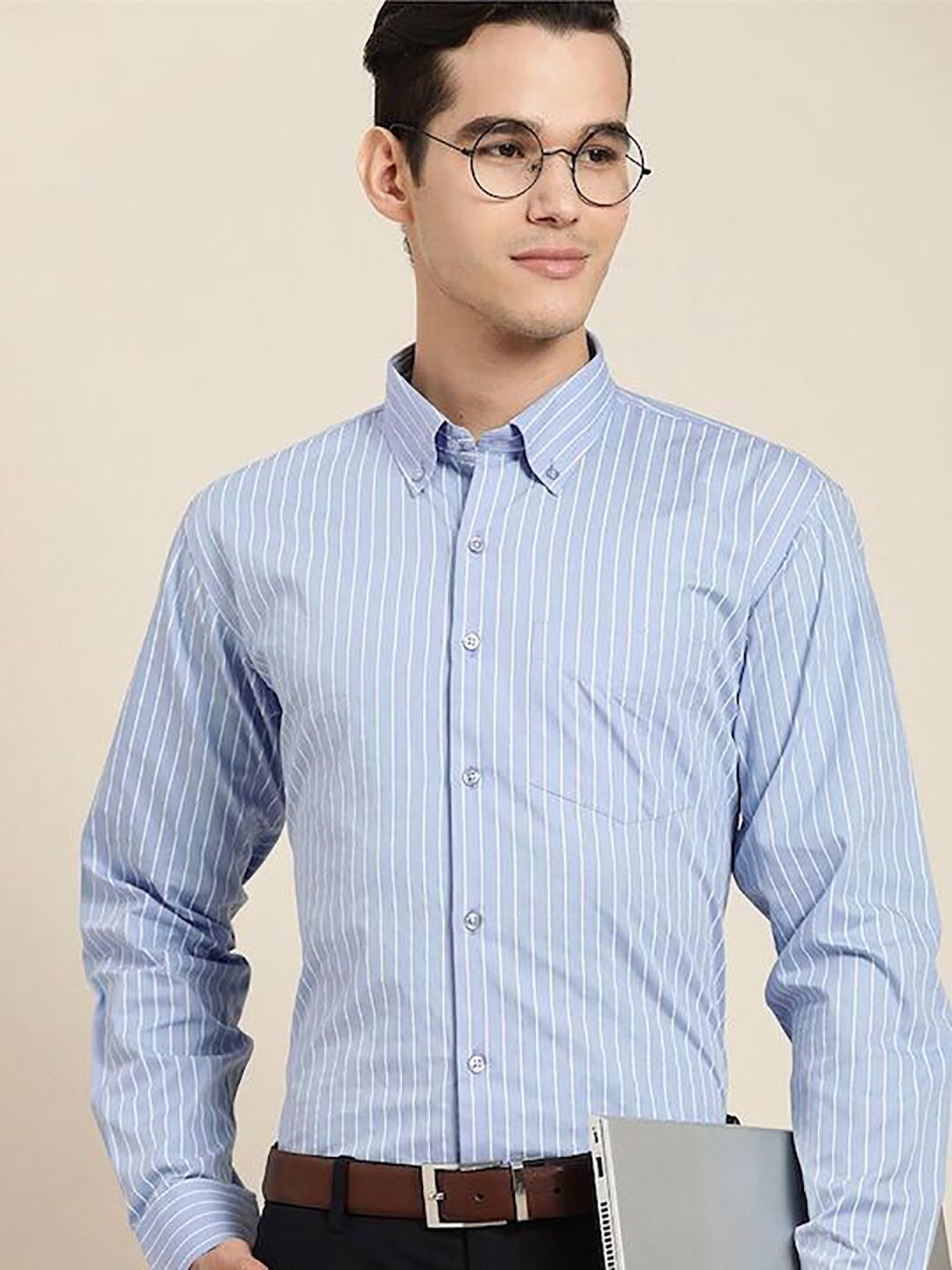 Hancock Blue Regular Fit Stripes Shirts
