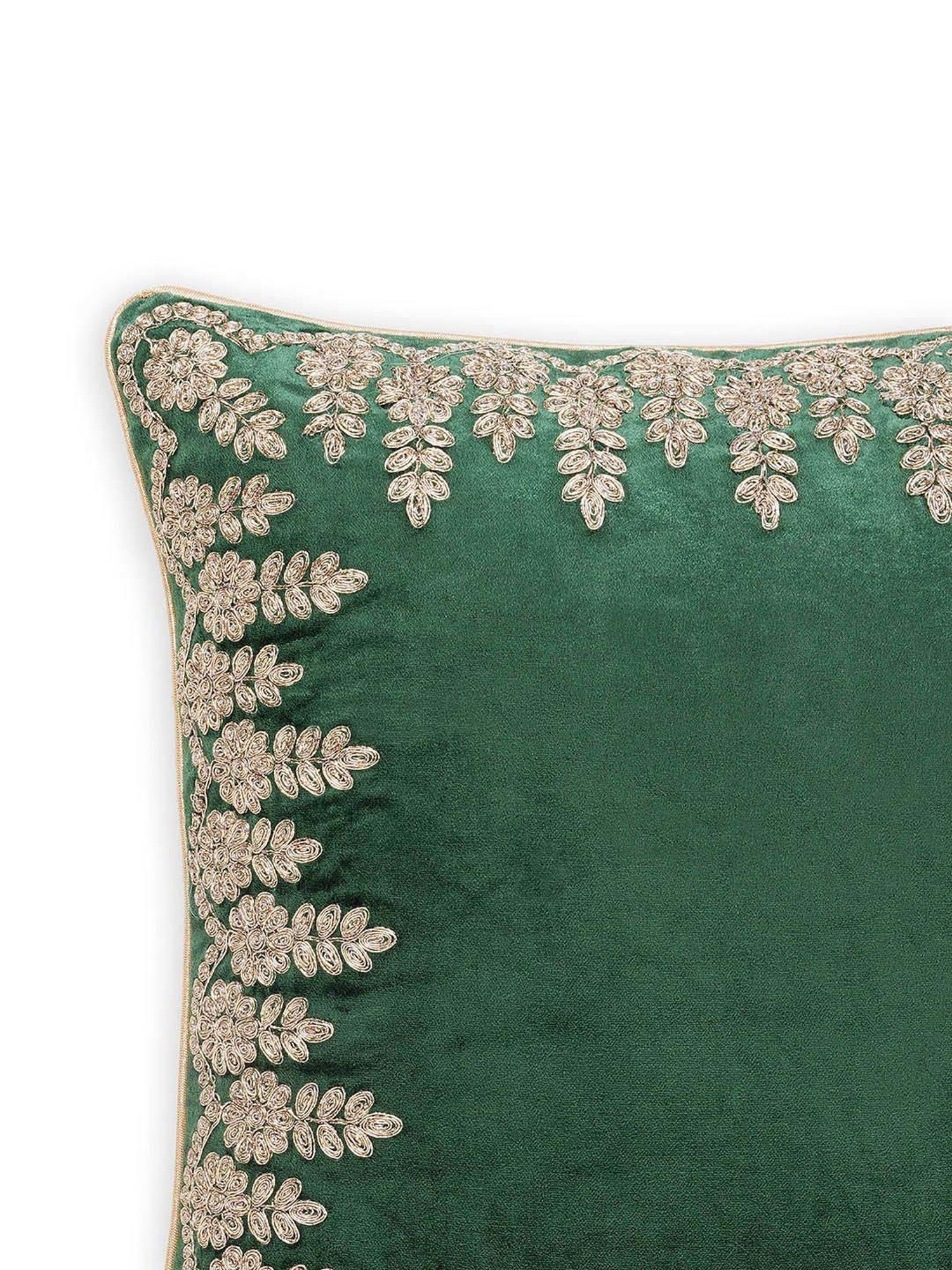 Pure Home and Living Green Velvet Zari Embroidered Square Cushion Cover