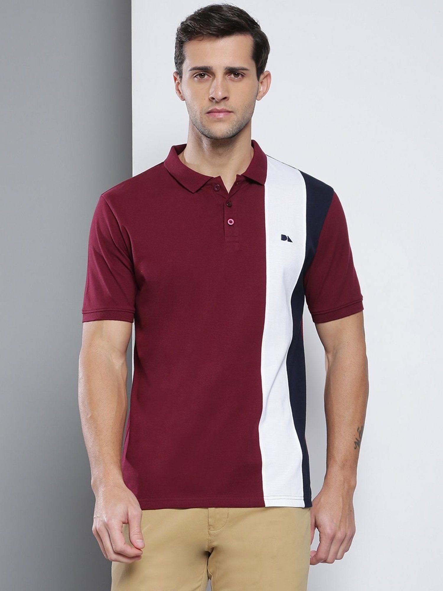 Dennis Lingo Burgundy Cotton Slim Fit Colour Block Polo T-Shirt