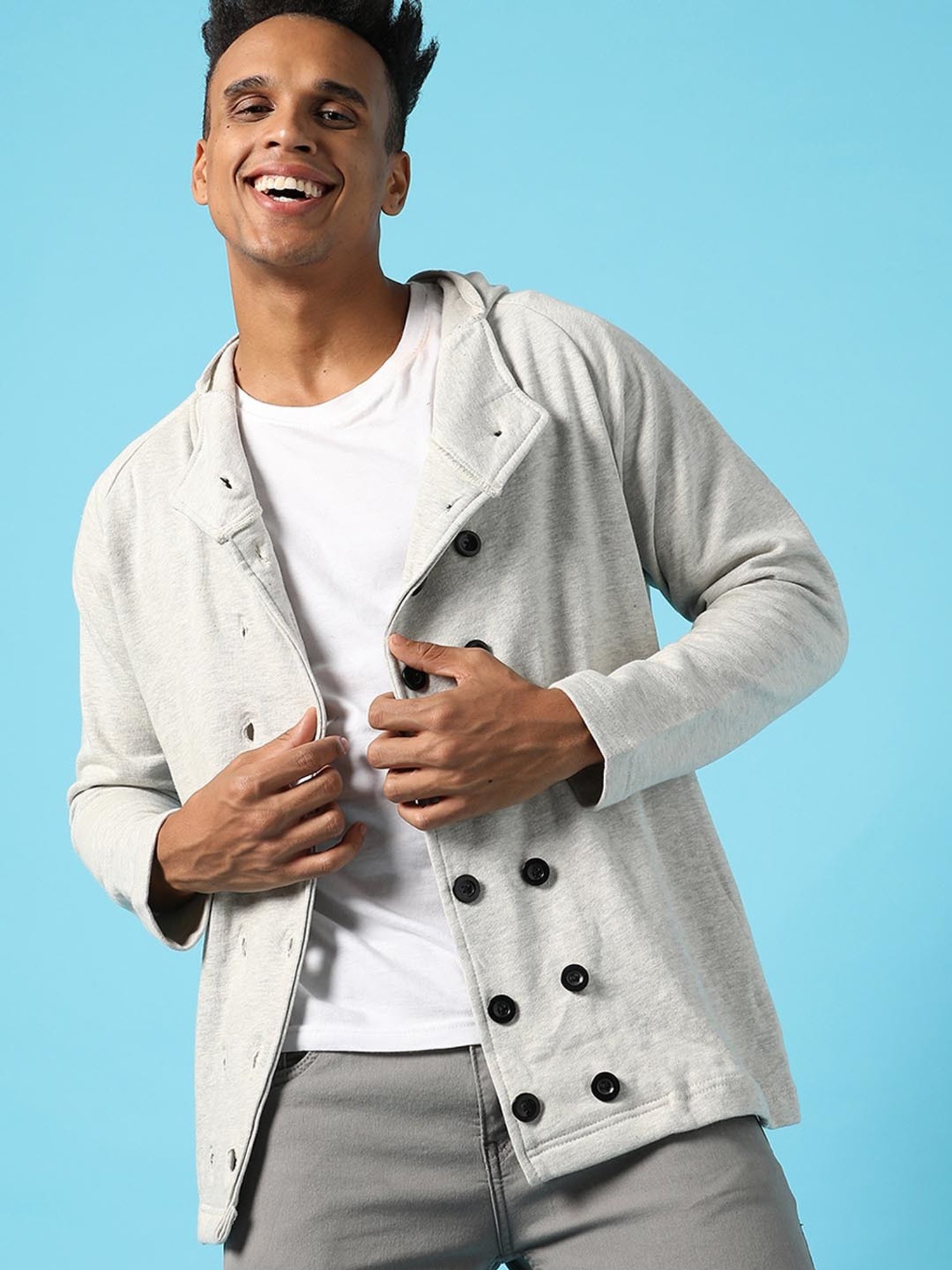 Campus Sutra Grey Cotton Regular Fit Hooded Jacket