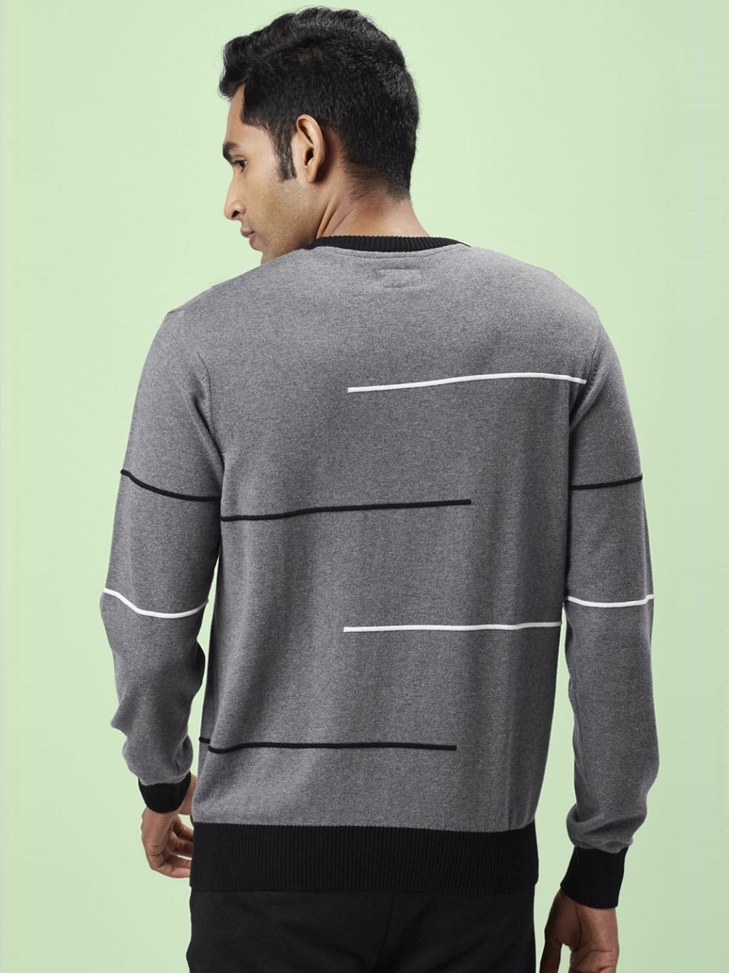 Byford By Pantaloons Grey Melange Cotton Regular Fit Printed Sweaters