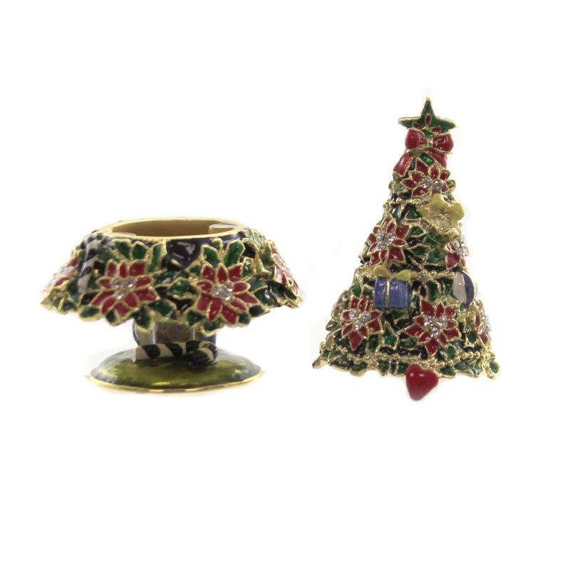 Hinged Trinket Box 3.5" Poinsettia Tree Enameled Box Austrian Crystals  -  Decorative Figurines