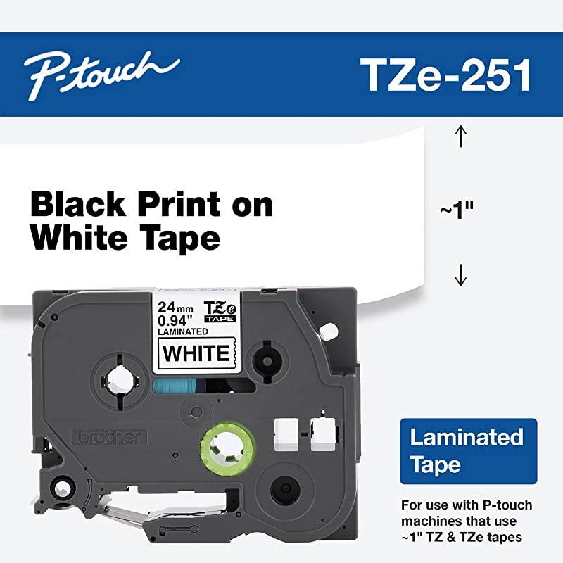 Genuine Ptouch TZE251 Tape 1 094 Standard Laminated Ptouch Tape Black on White Perfect for Indoor or Outdoor Use Water Resistant 262 Feet 8M SinglePack