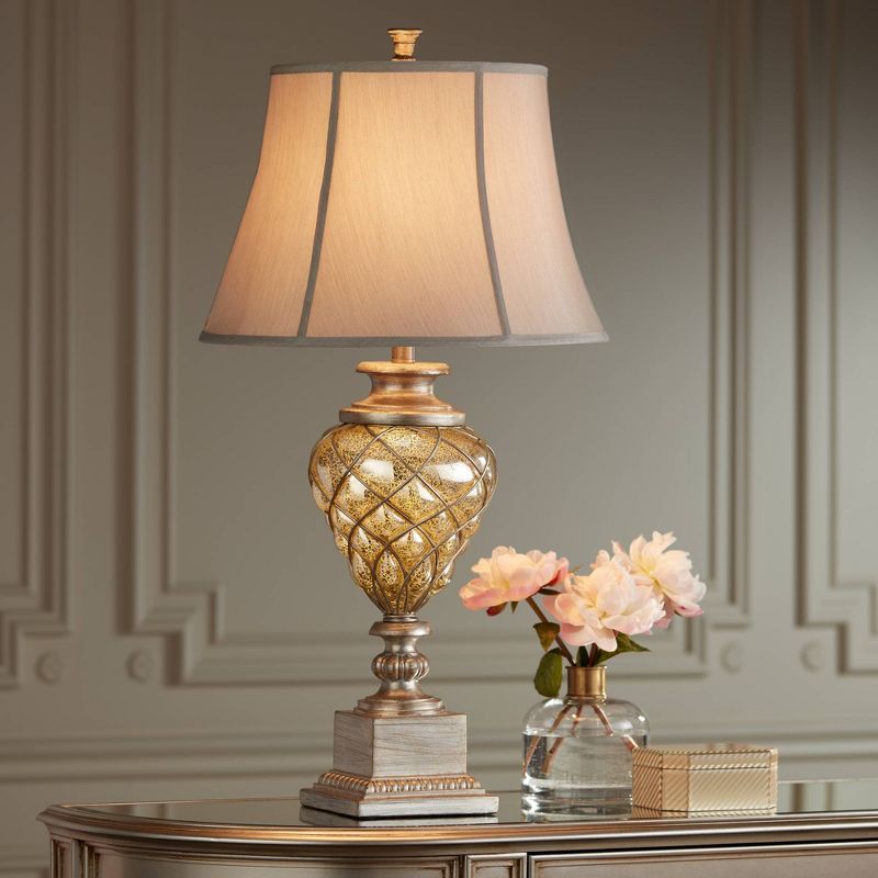 Barnes and Ivy Traditional Table Lamp with Nightlight LED Mercury Glass Off White Mist Fabric Bell Shade for Living Room Family