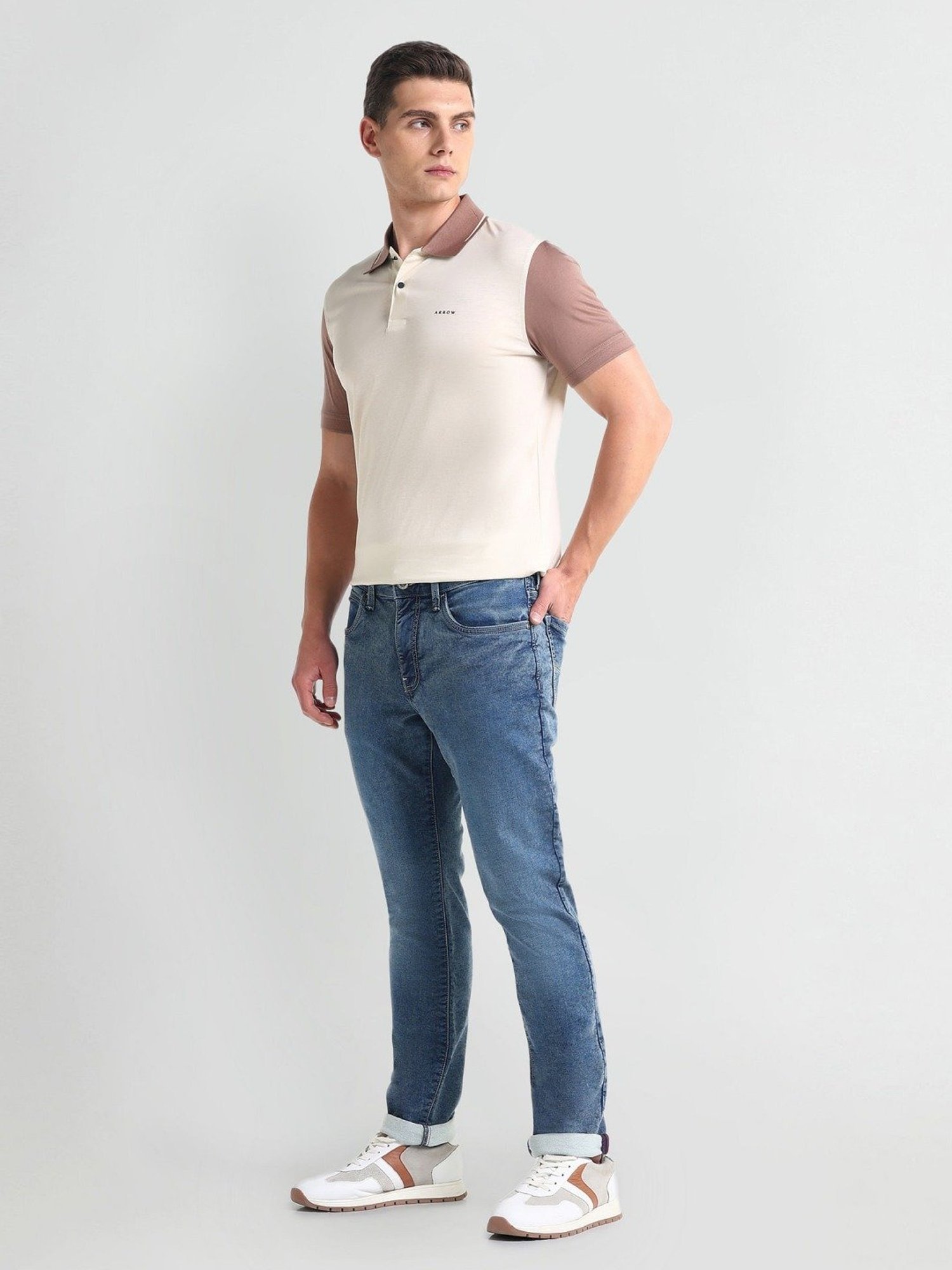 Arrow Newyork Beige Cotton Regular Fit Colour Block Polo T-Shirt