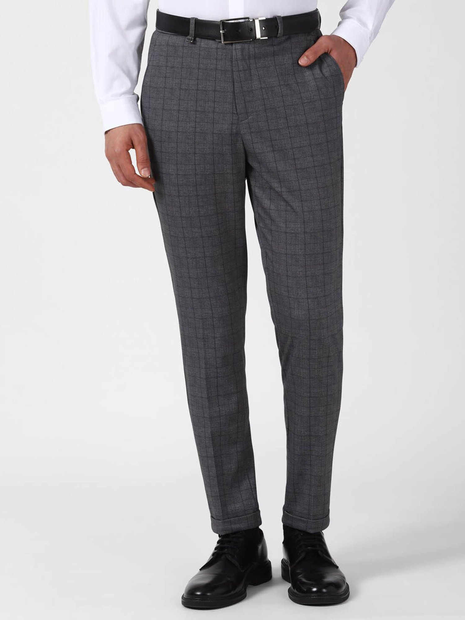 Van Heusen Warm Grey Regular Fit Checks Trousers