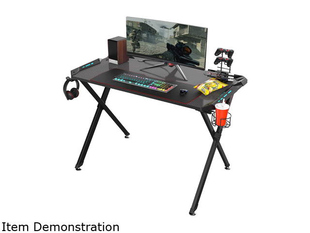 Eureka Ergonomic X1-S Gaming Computer Desk with Led Lights, Large Carbon Fiber Surface Cup Holder and Headphone Hook - Black