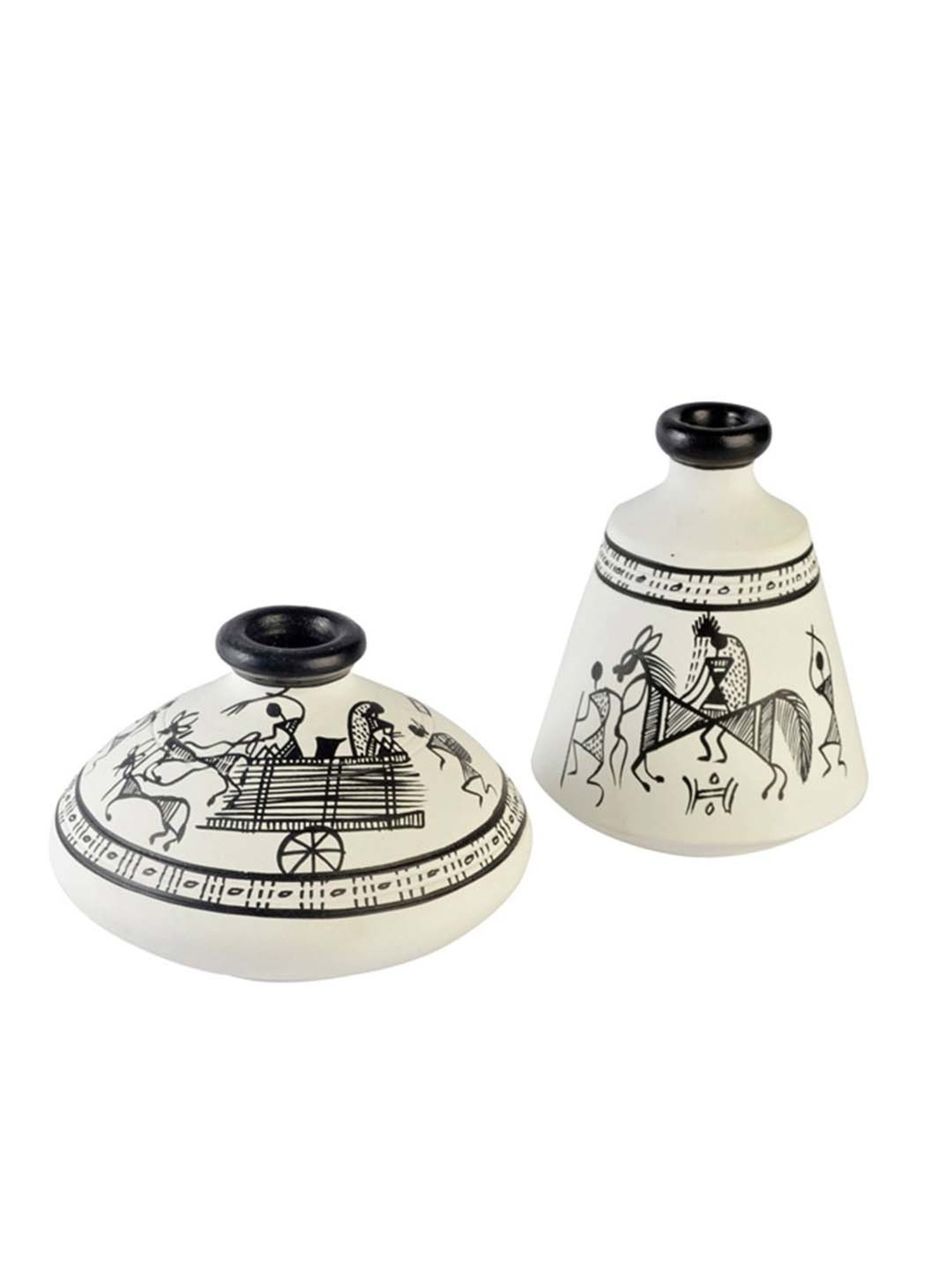 ExclusiveLane Terracotta Warli Handpainted Set Of 2 Pots Showpieces In White