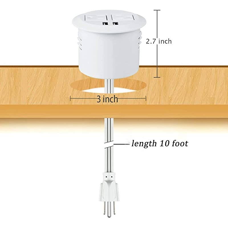 Desktop Power Grommet Power Outlet Socket Desk Data Center 2 Outlet with 2 USB Ports with 10 FT Extension CordWhite
