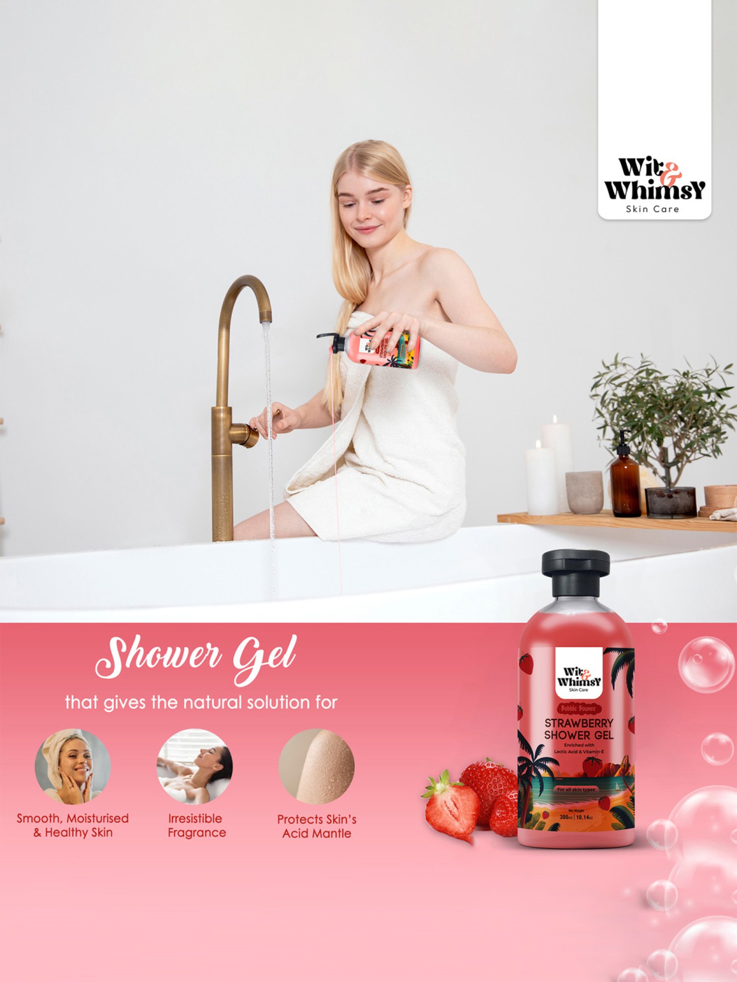 Wit & Whimsy Bubble Bounce Strawberry Shower Gel - 300 ml