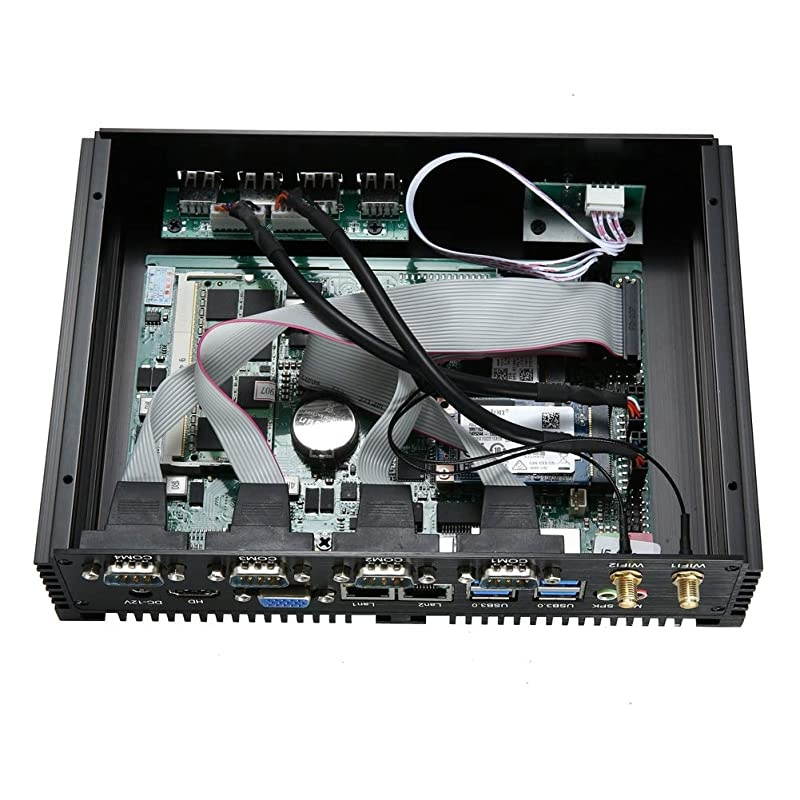 Fanless Industrial Computer, Mini Desktop PC with Intel Celeron Dual Core CPU, 4GB RAM, 128GB SSD, 2xLAN, 4xUSB 3.0, 4xCOM RS232, HD Port, WiFi, Full Metal Body, Windows 10 Pro