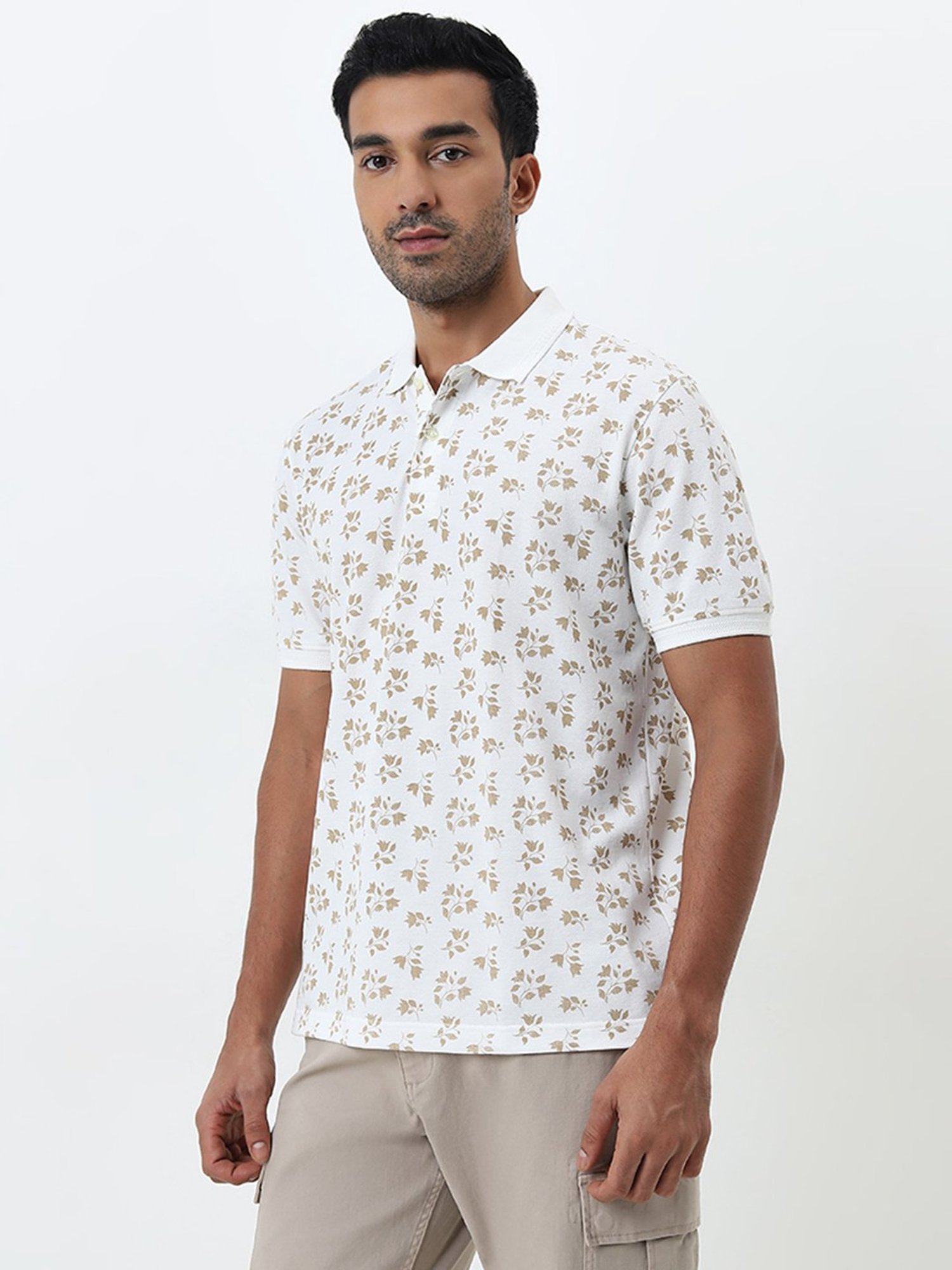 WES Casuals by Westside White Floral Printed Relaxed-Fit Polo T-Shirt