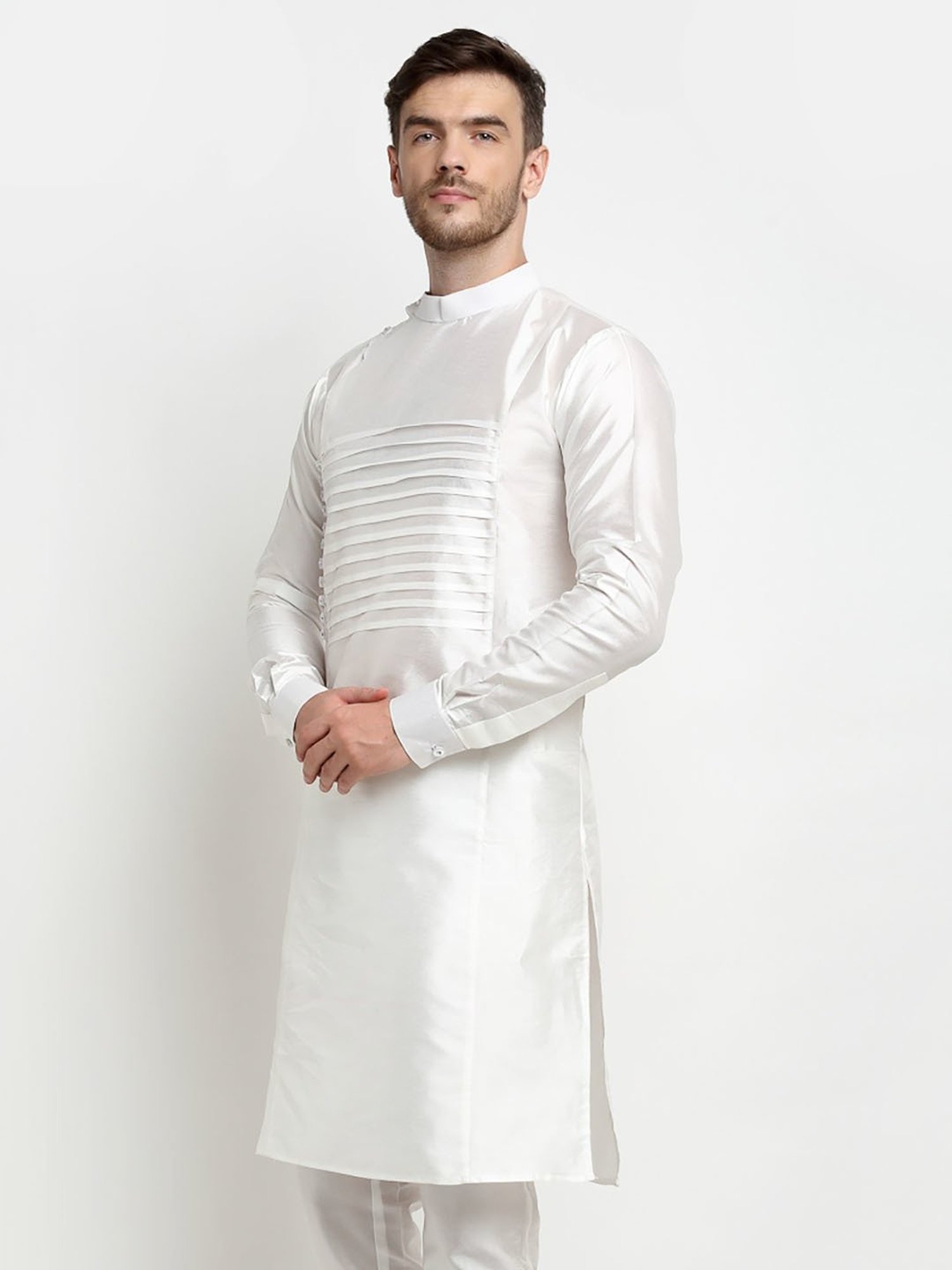 Benstoke White Regular Fit Mandarin Collar Long Kurta