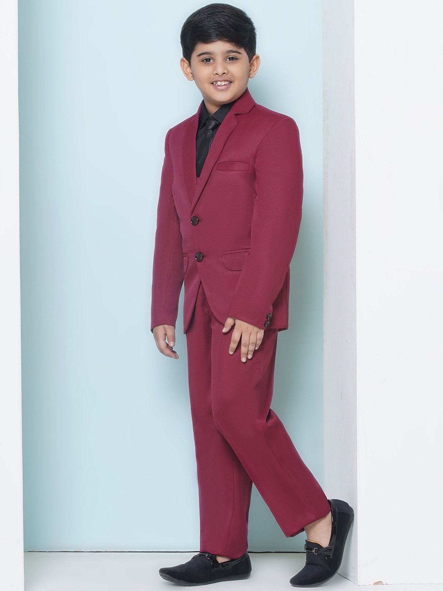 AJ Dezines Kids Maroon & Black Solid Full Sleeves Shirt, Pants, Coat, Waistcoat with Tie