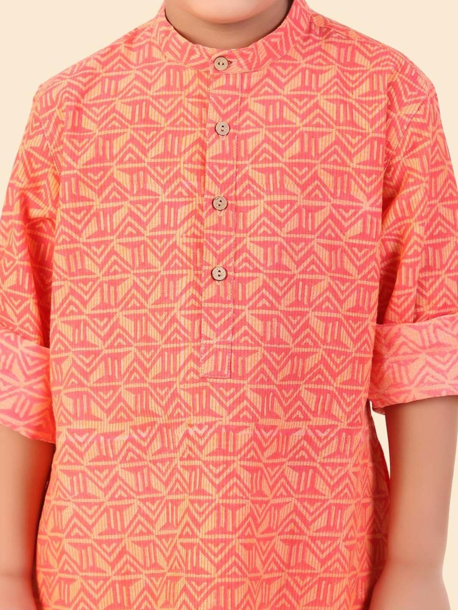Fabindia Kids Coral Cotton Printed Full Sleeves Kurta