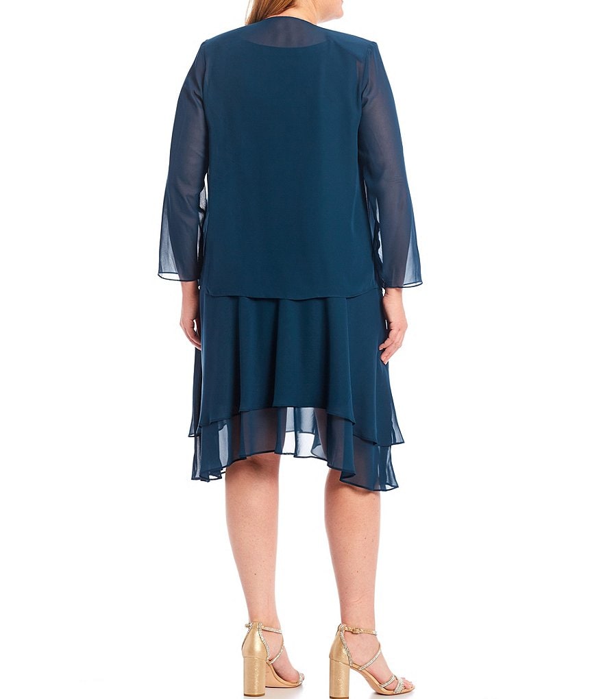 Ignite Evenings Plus Size Scoop Neck Long Sleeve Sequined Shoulder Midi Length Tiered Hem Jacket Dress