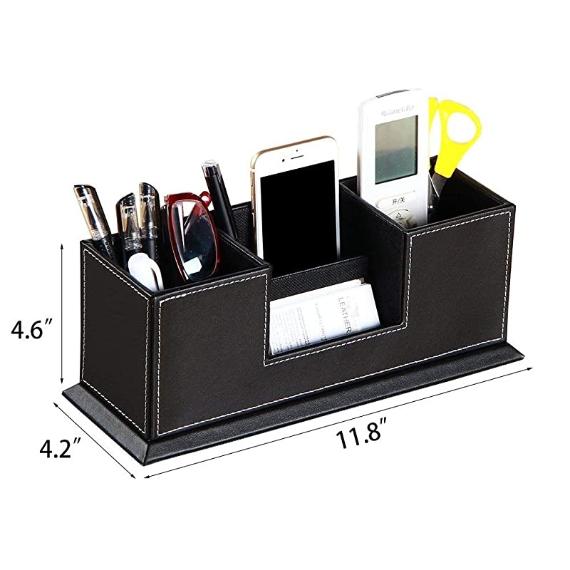 PU Leather Desk Organizer with 4 Compartments, Card/Pen/Pencil/Mobile Phone Stand Office Supplies Holder Desktop Remote Caddy, Home and College Dorm Decor Accessories Storage Box for Women
