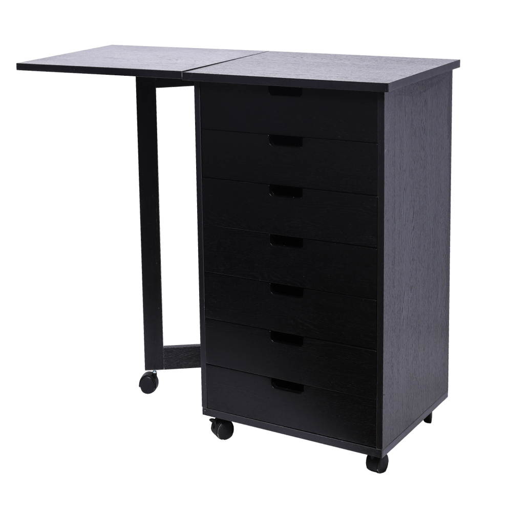 Wood Filing Cabinet, 7 Drawer Gate Leg Roll Cart with Desk Black Color