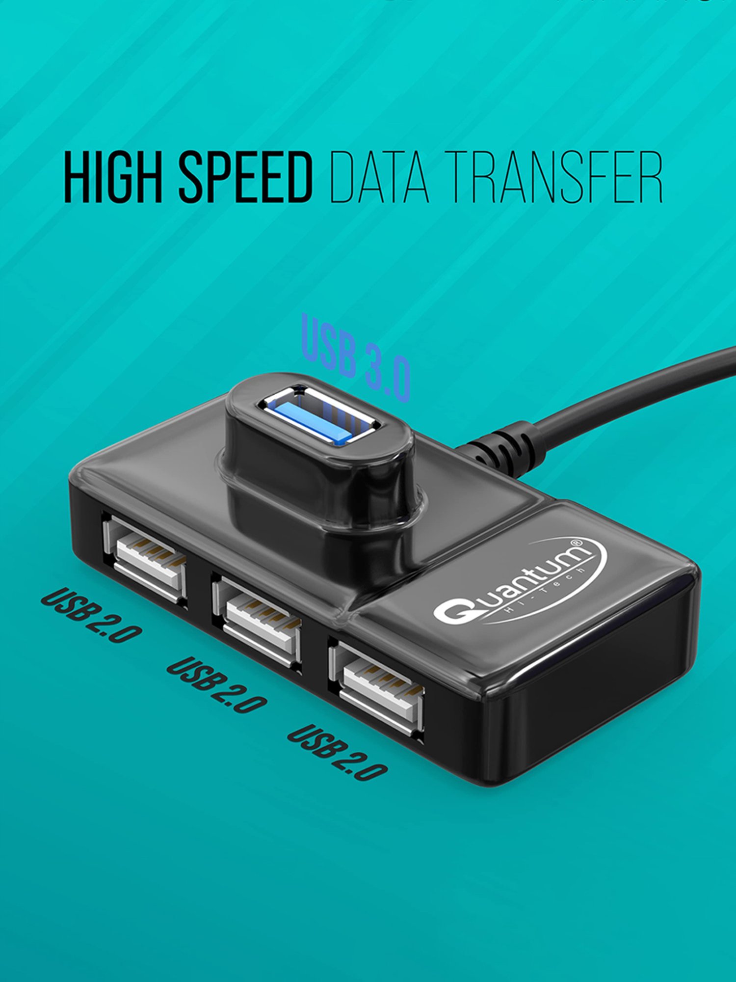 Quantum QHM7532 4 Port USB Hub, 1 Port 3.0 & 3 Port 2.0 with High Speed Data Transfer (Black)
