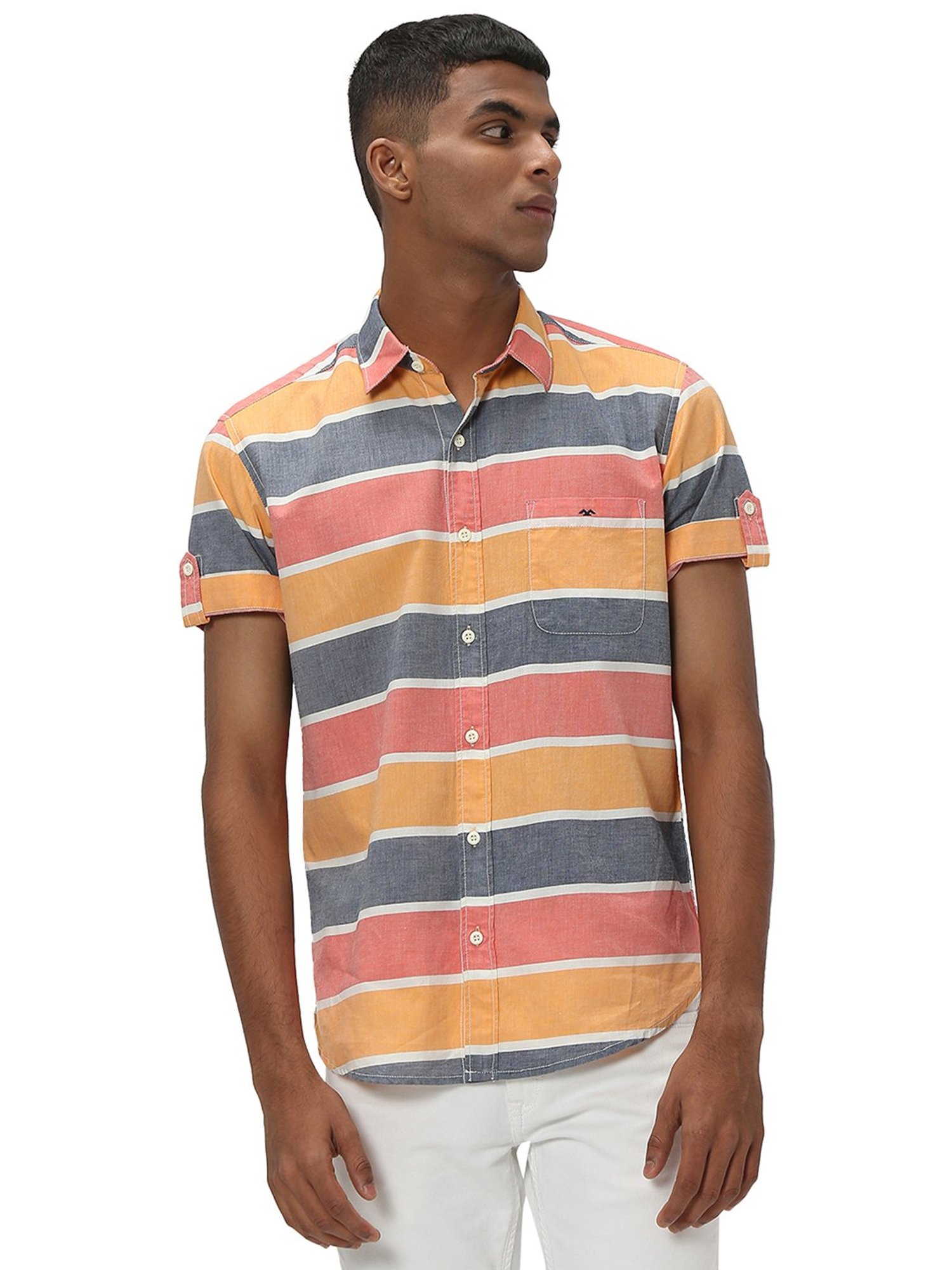Mufti Multicolor Slim Fit Striped Cotton Shirt