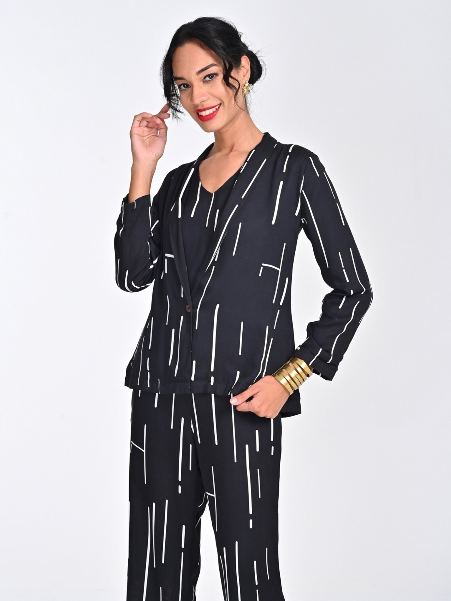 Saltpetre Women Modal Cedar Print Black Shawl Collar Blazer