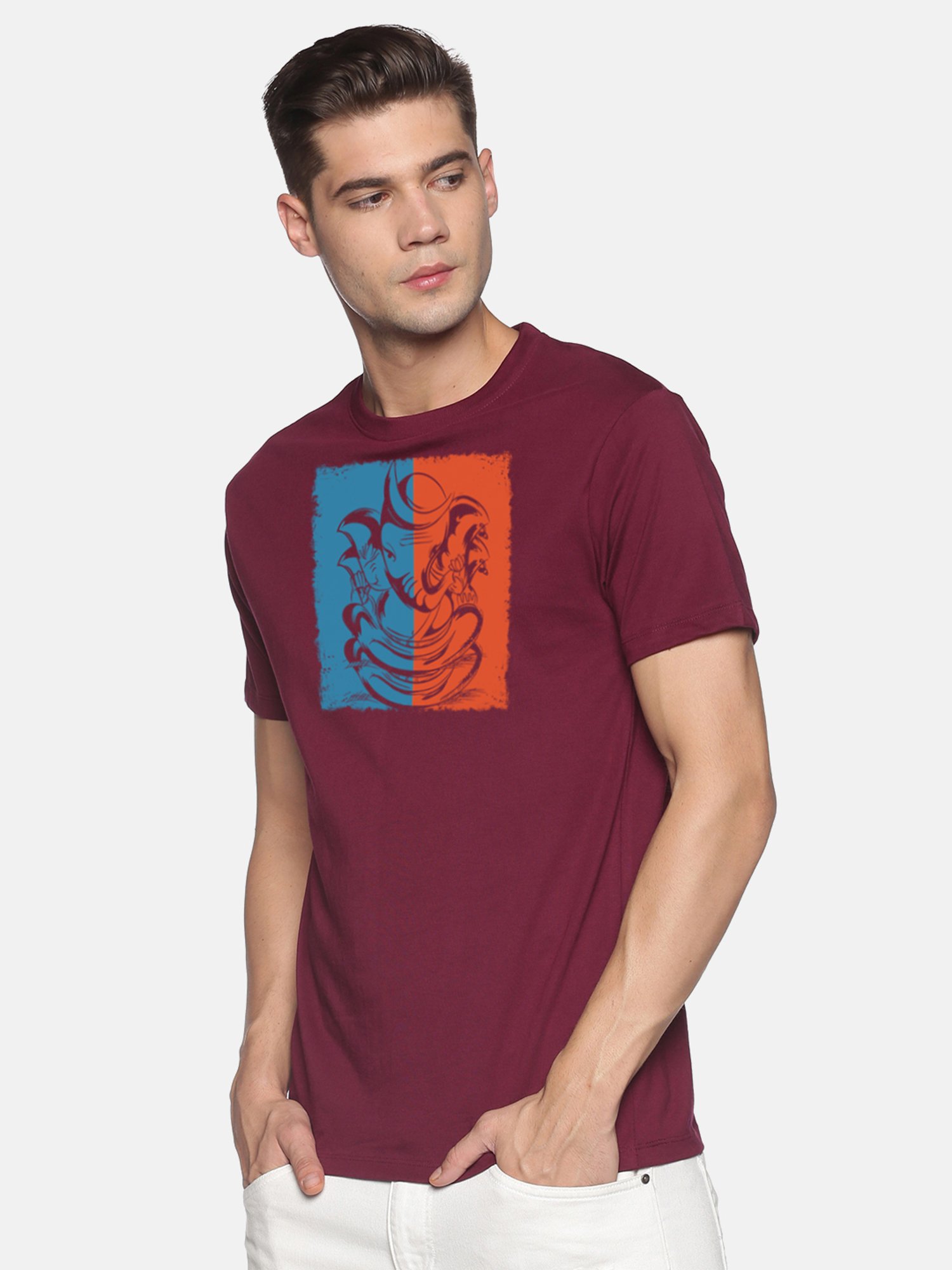 BLACK RADIO Maroon Slim Fit Printed Cotton Crew T-Shirt
