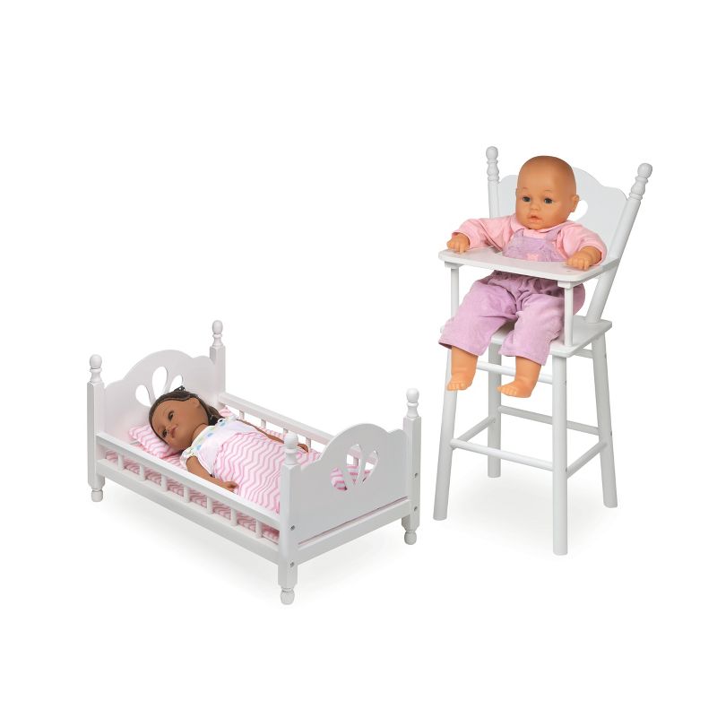 English Country Doll High Chair and Bed Set with Chevron Bedding - White/Pink